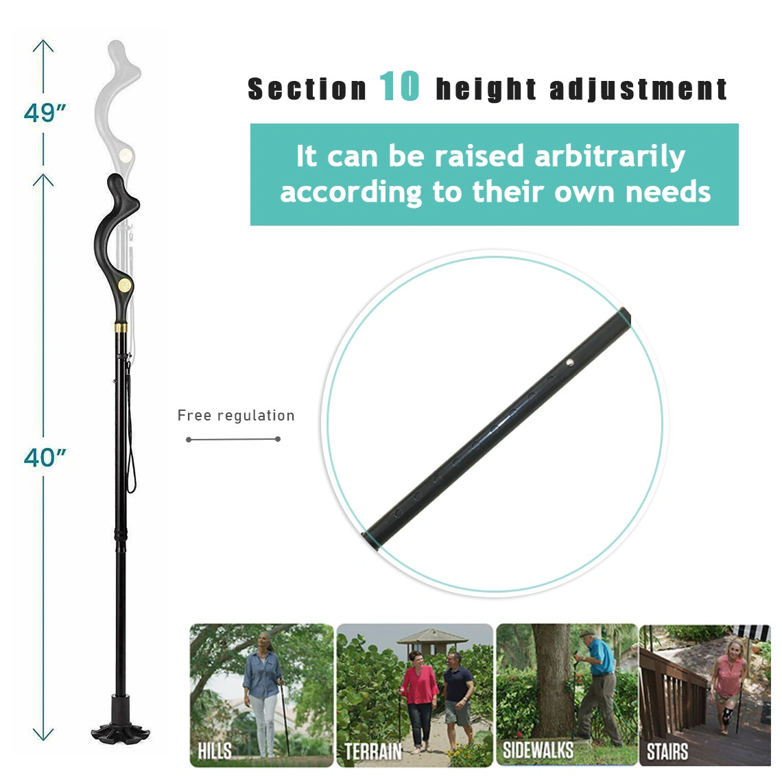 Collapsible Adjustable Walking Stick Hiking Cane 10 Height Levels for Travel Camping Outdoor Use