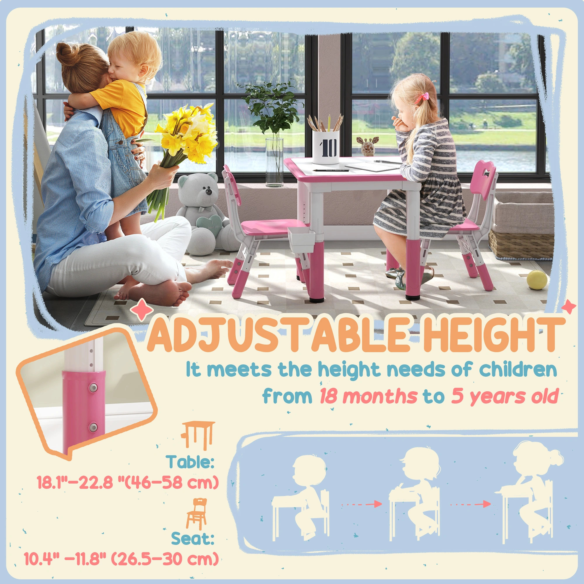 Kids Desk and Chair Set, Adjustable Height Study Table and Ergonomic Chair for Children view 3