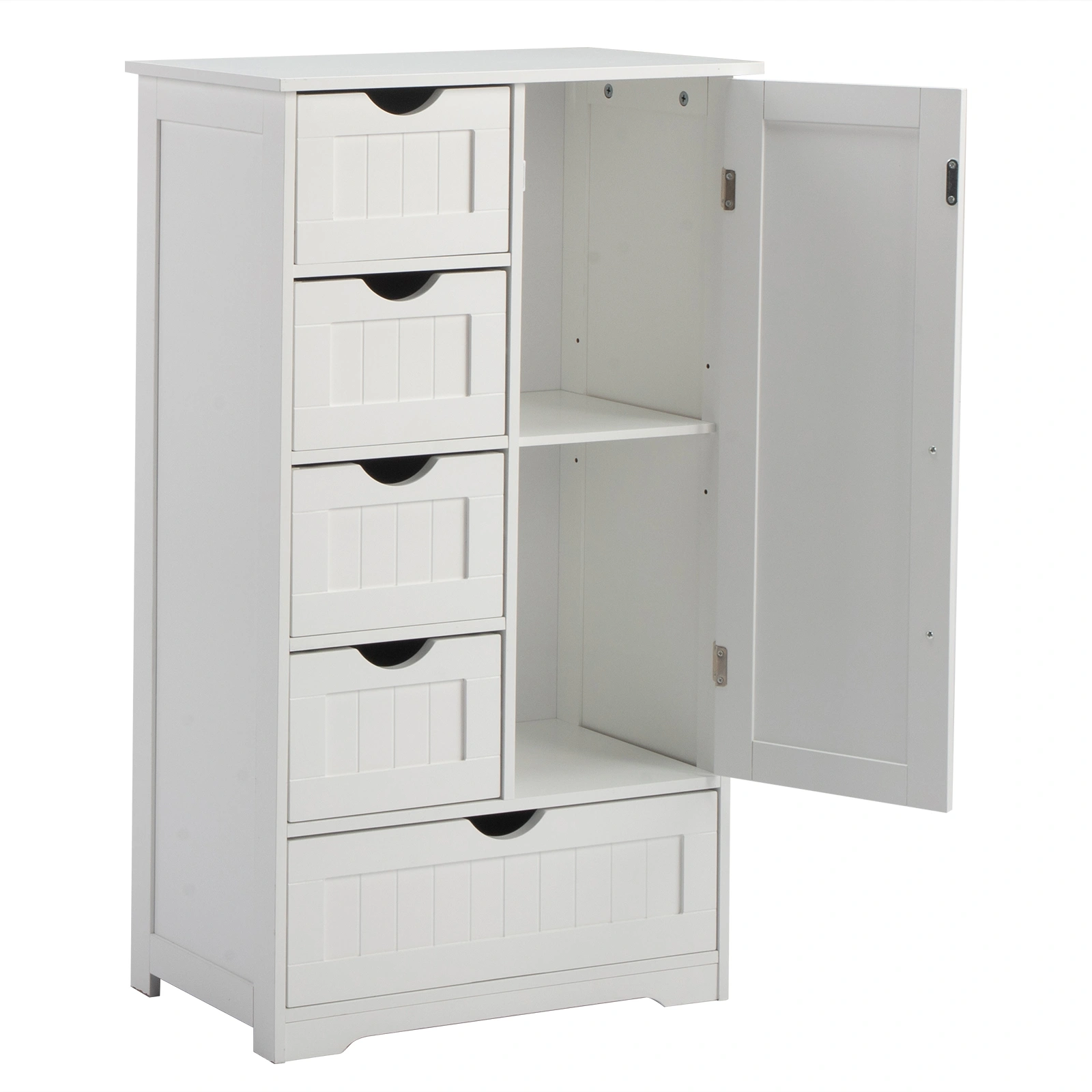 White MDF with paint finish + melamine veneer on particleboard, vertical stripes, 56*30*95cm, 4 small drawers, 1 large drawer, 1 door, bathroom vanity view 2