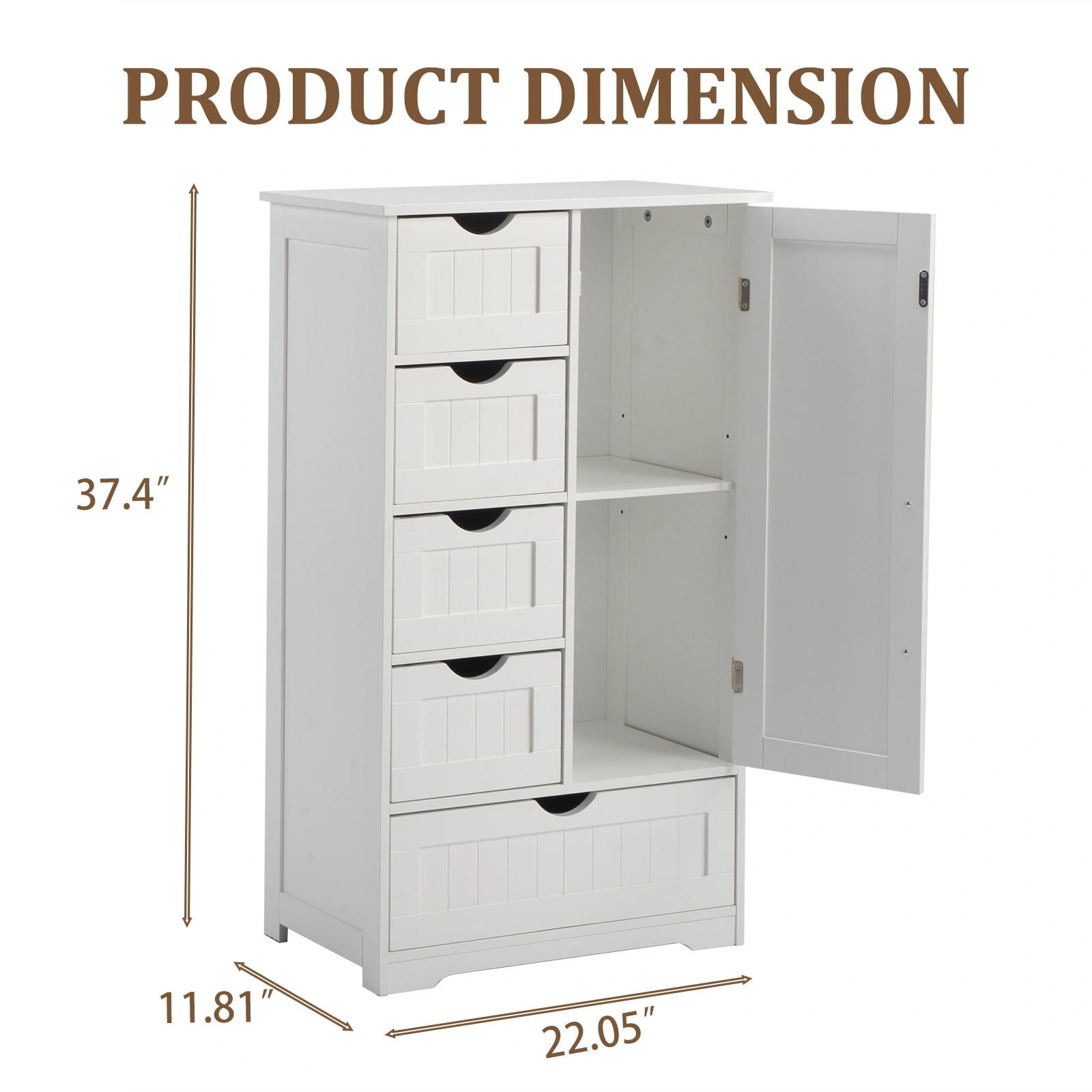 White MDF with paint finish + melamine veneer on particleboard, vertical stripes, 56*30*95cm, 4 small drawers, 1 large drawer, 1 door, bathroom vanity view 3