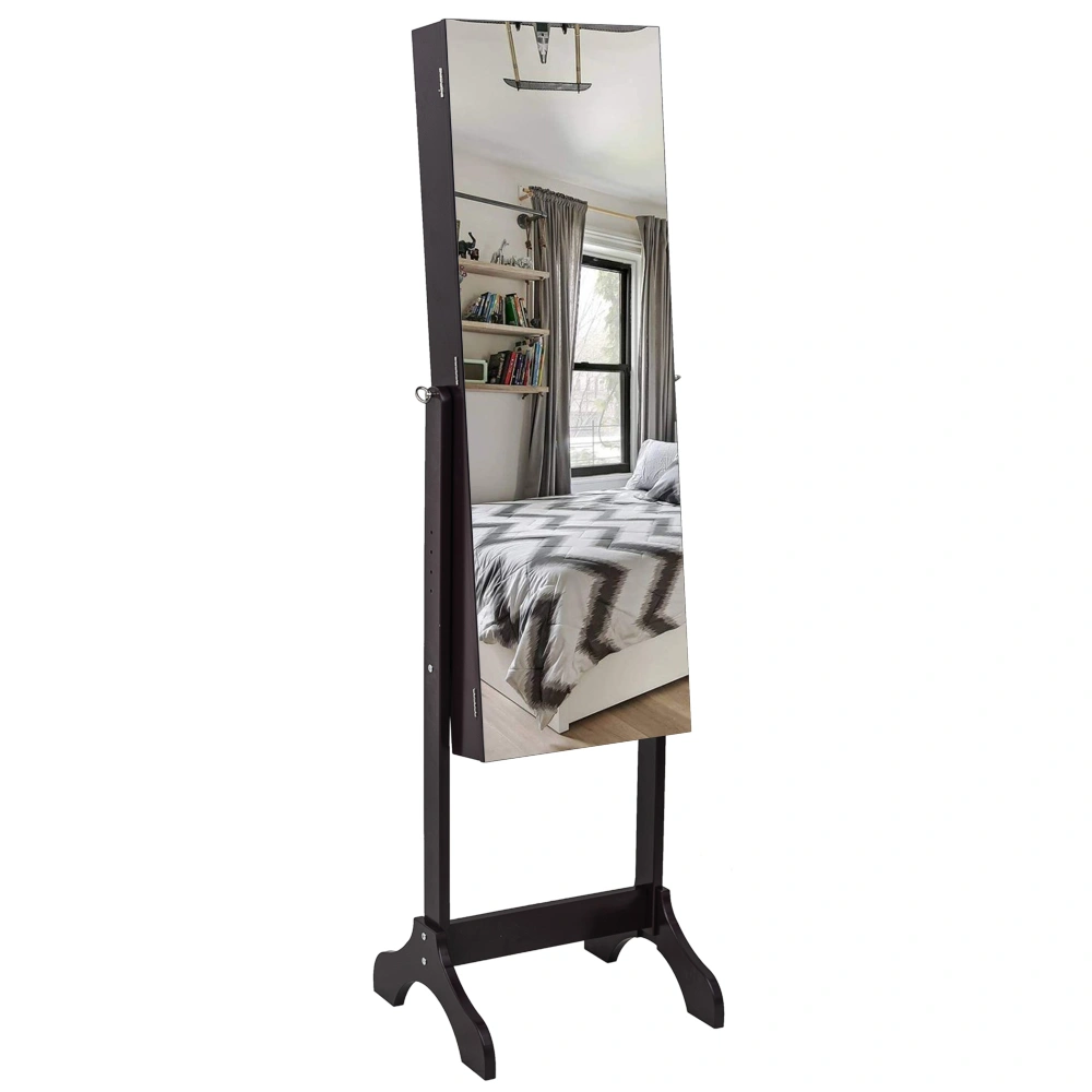 Dark Brown Floor Standing Full Length Mirror Cabinet, Wooden 4-Shelf Jewelry Storage Organizer with Inner Mirror, Adjustable Design