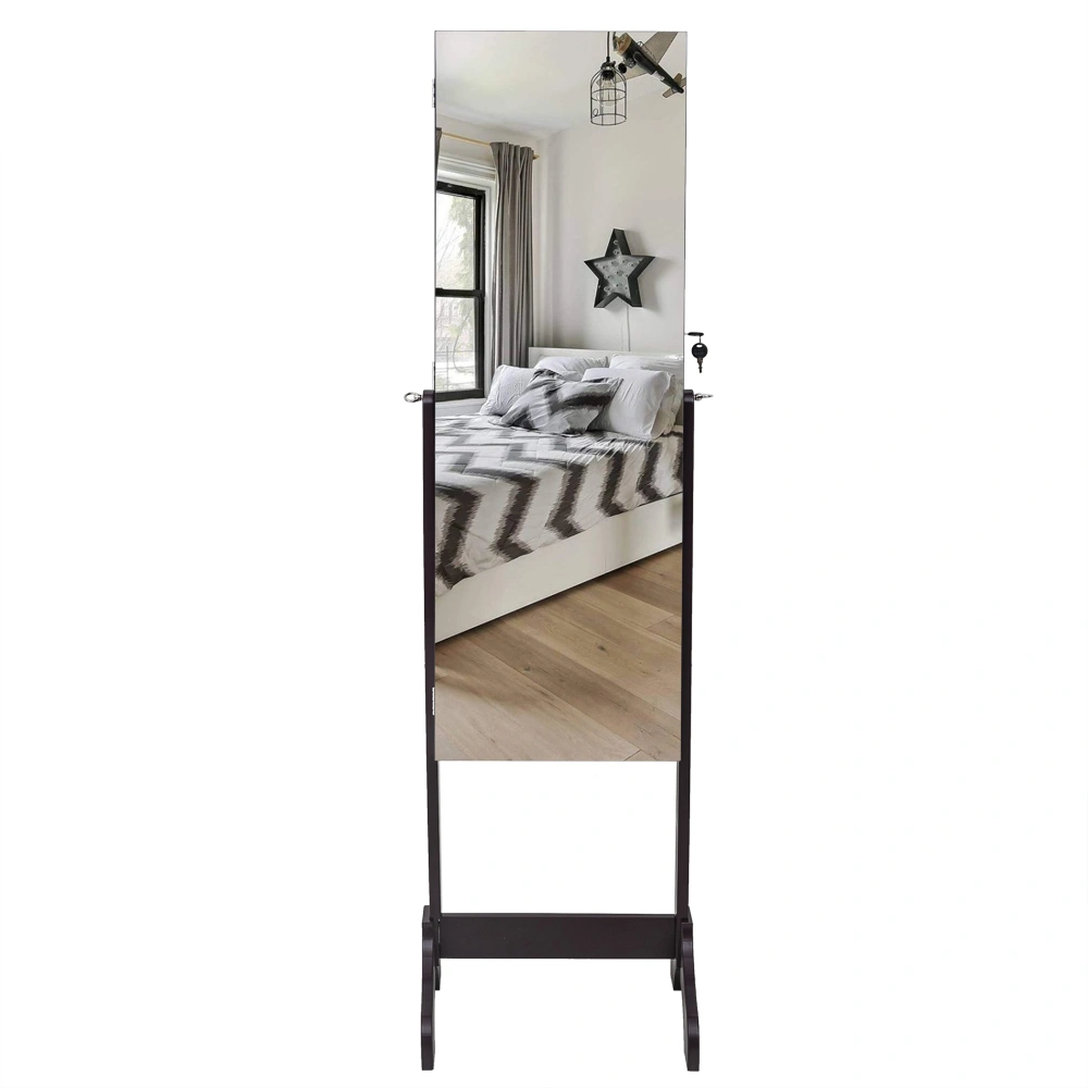 Dark Brown Floor Standing Full Length Mirror Cabinet, Wooden 4-Shelf Jewelry Storage Organizer with Inner Mirror, Adjustable Design view 2