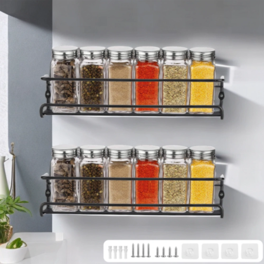 2Pcs Wall Mounted Spice Jar Rack Holder - Kitchen Herb Bottle Shelf Organizer for Door Cupboard Pantry Storage
