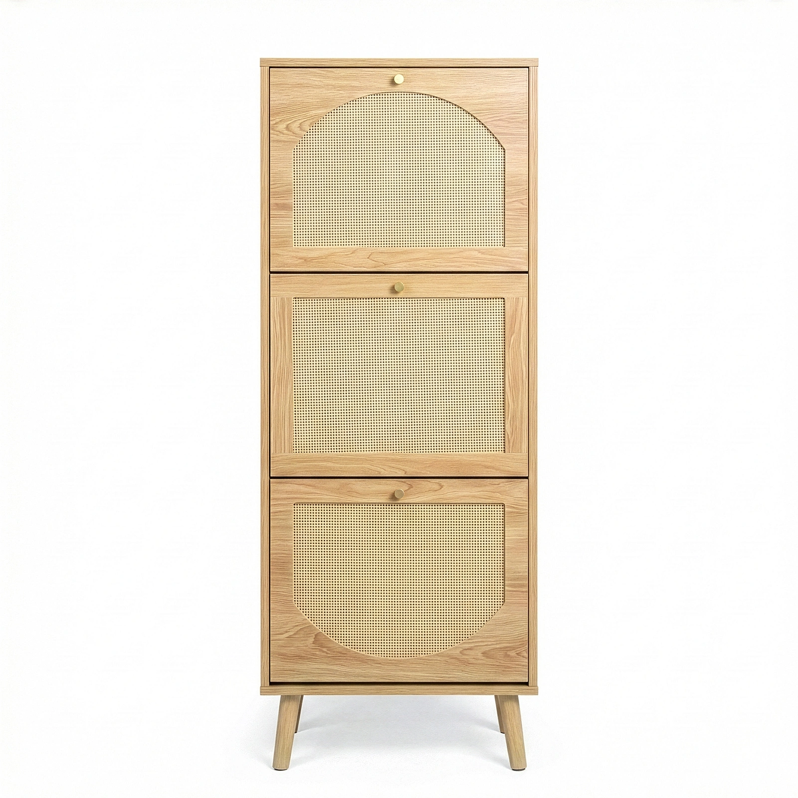 3-Tier Shoe Cabinet with Rattan Front, Particleboard, 54x24x135cm, Natural Wood Color, Entryway Storage Organizer view 2