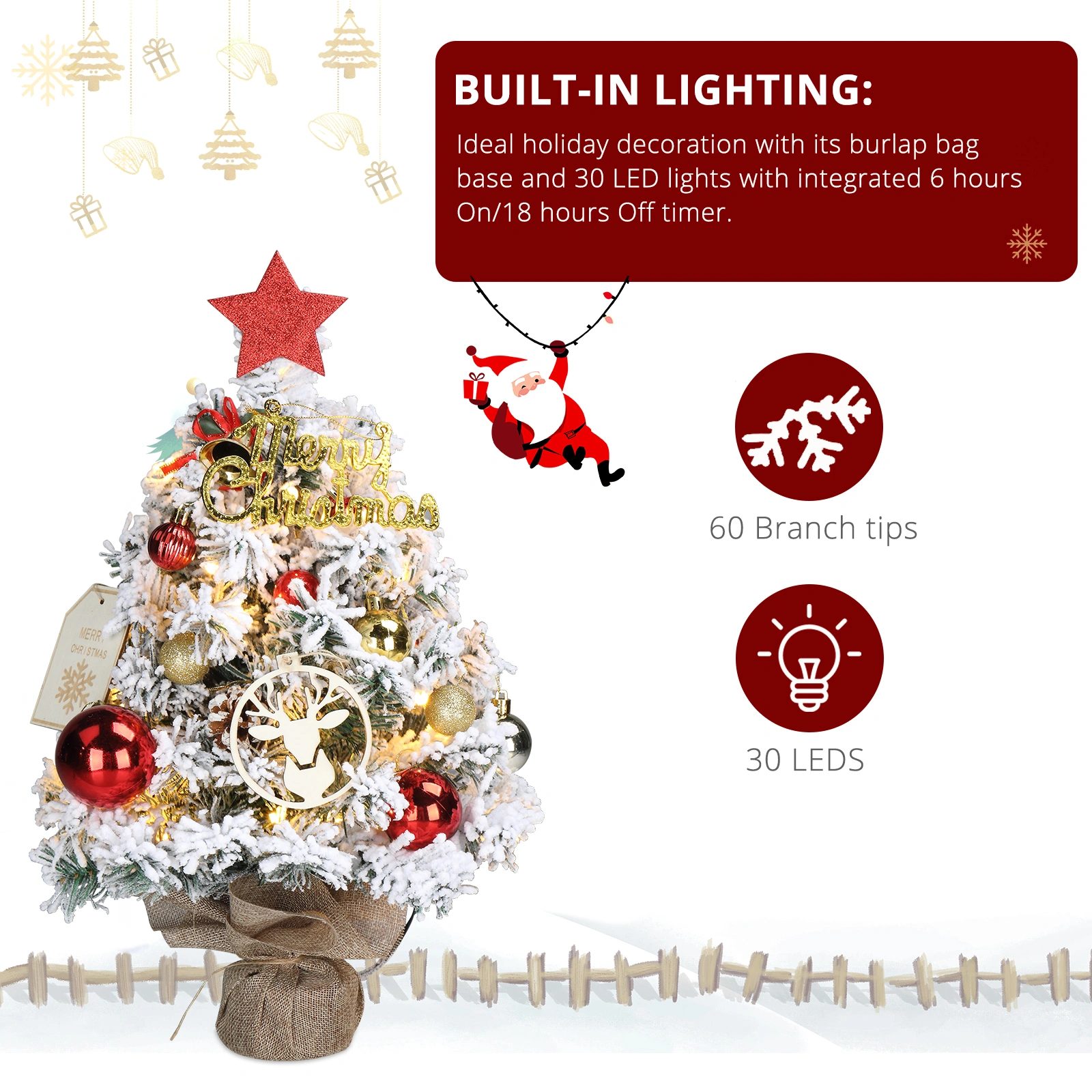 16 in Snow Flocked Pre-lit Mini Christmas Tree, 30 Warm White Battery Lights, Ornamented Tabletop Xmas Tree with Cloth Bag Base for Home Office Decor view 3