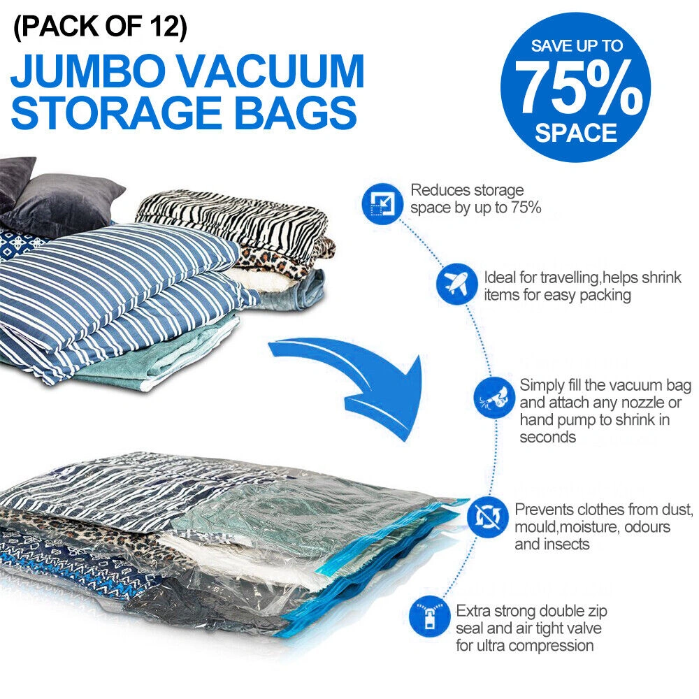 12 Pack Vacuum Storage Bags, Large Heavy Duty Space Saver Compressors for Clothing & Bedding Organizer view 4