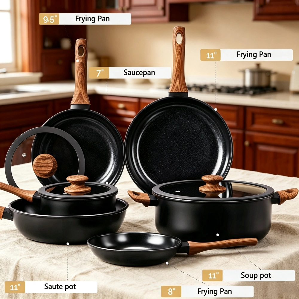 20-Piece Aluminum Cookware Set Black Non-Stick, Assembled Handles, 6 Pots 28cm Stock Pot 3 Lids, Induction Gas Electric Compatible