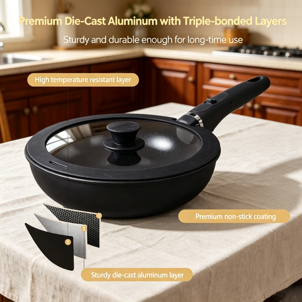 20-Piece Aluminum Cookware Set Black Non-Stick, Assembled Handles, 6 Pots 28cm Stock Pot 3 Lids, Induction Gas Electric Compatible view 2