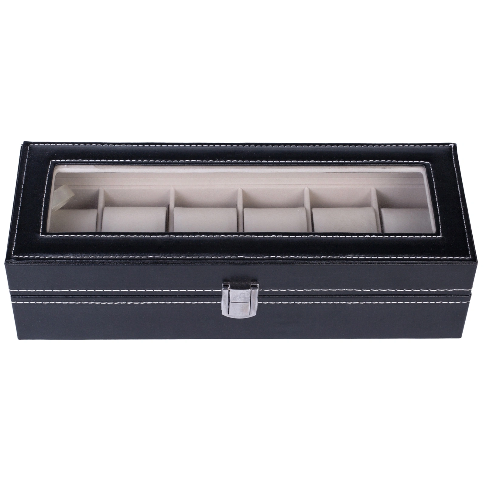 6-Compartment Premium Leather Watch Storage Box, Top-Opening Display Case, Black view 3