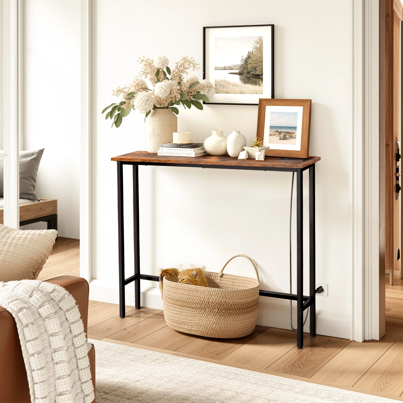 39.4" Narrow Console Sofa Table with Power Outlets and USB Ports, Skinny Couch Table with Metal Frame and Charge Station with 4.9ft Extension Cord, Rustic Brown view 10