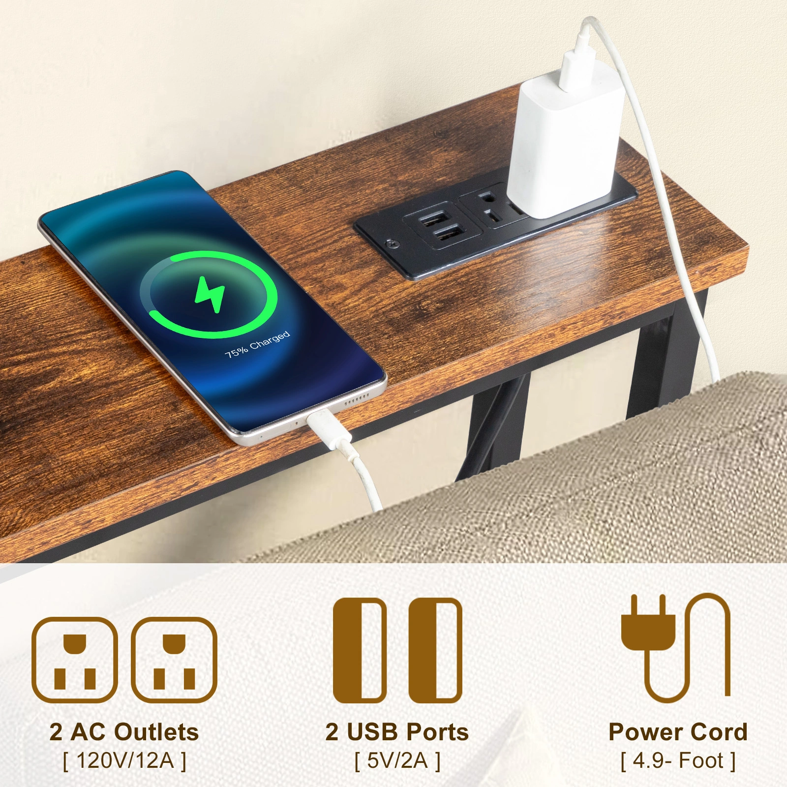 39.4" Narrow Console Sofa Table with Power Outlets and USB Ports, Skinny Couch Table with Metal Frame and Charge Station with 4.9ft Extension Cord, Rustic Brown view 11