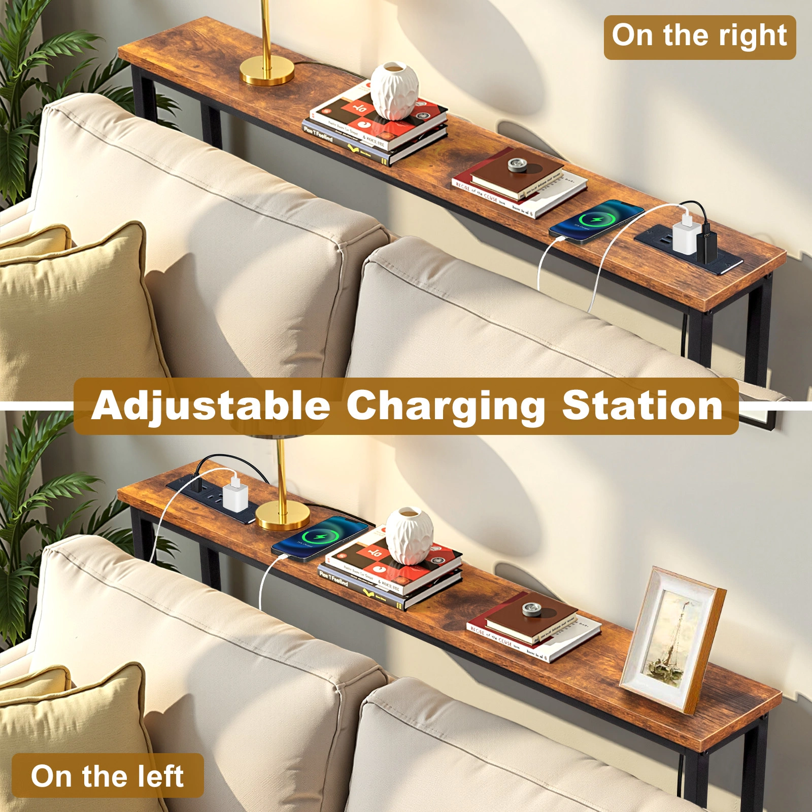 39.4" Narrow Console Sofa Table with Power Outlets and USB Ports, Skinny Couch Table with Metal Frame and Charge Station with 4.9ft Extension Cord, Rustic Brown view 12