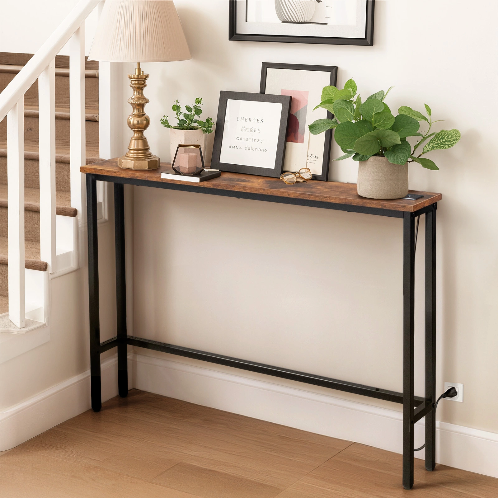 39.4" Narrow Console Sofa Table with Power Outlets and USB Ports, Skinny Couch Table with Metal Frame and Charge Station with 4.9ft Extension Cord, Rustic Brown view 13