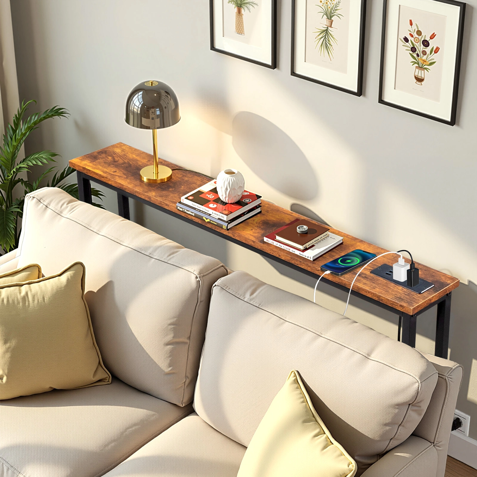 39.4" Narrow Console Sofa Table with Power Outlets and USB Ports, Skinny Couch Table with Metal Frame and Charge Station with 4.9ft Extension Cord, Rustic Brown view 14