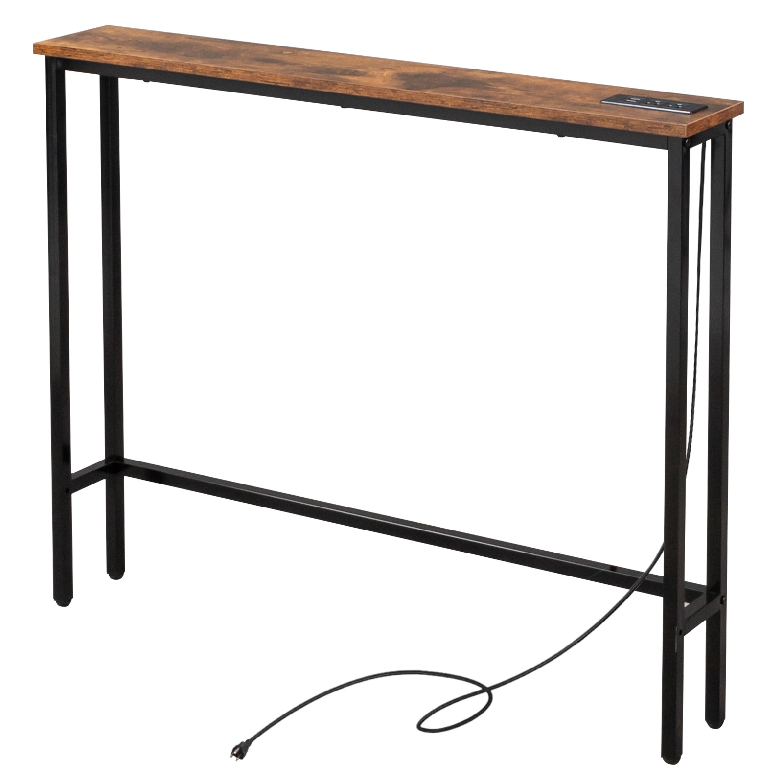 39.4" Narrow Console Sofa Table with Power Outlets and USB Ports, Skinny Couch Table with Metal Frame and Charge Station with 4.9ft Extension Cord, Rustic Brown view 2