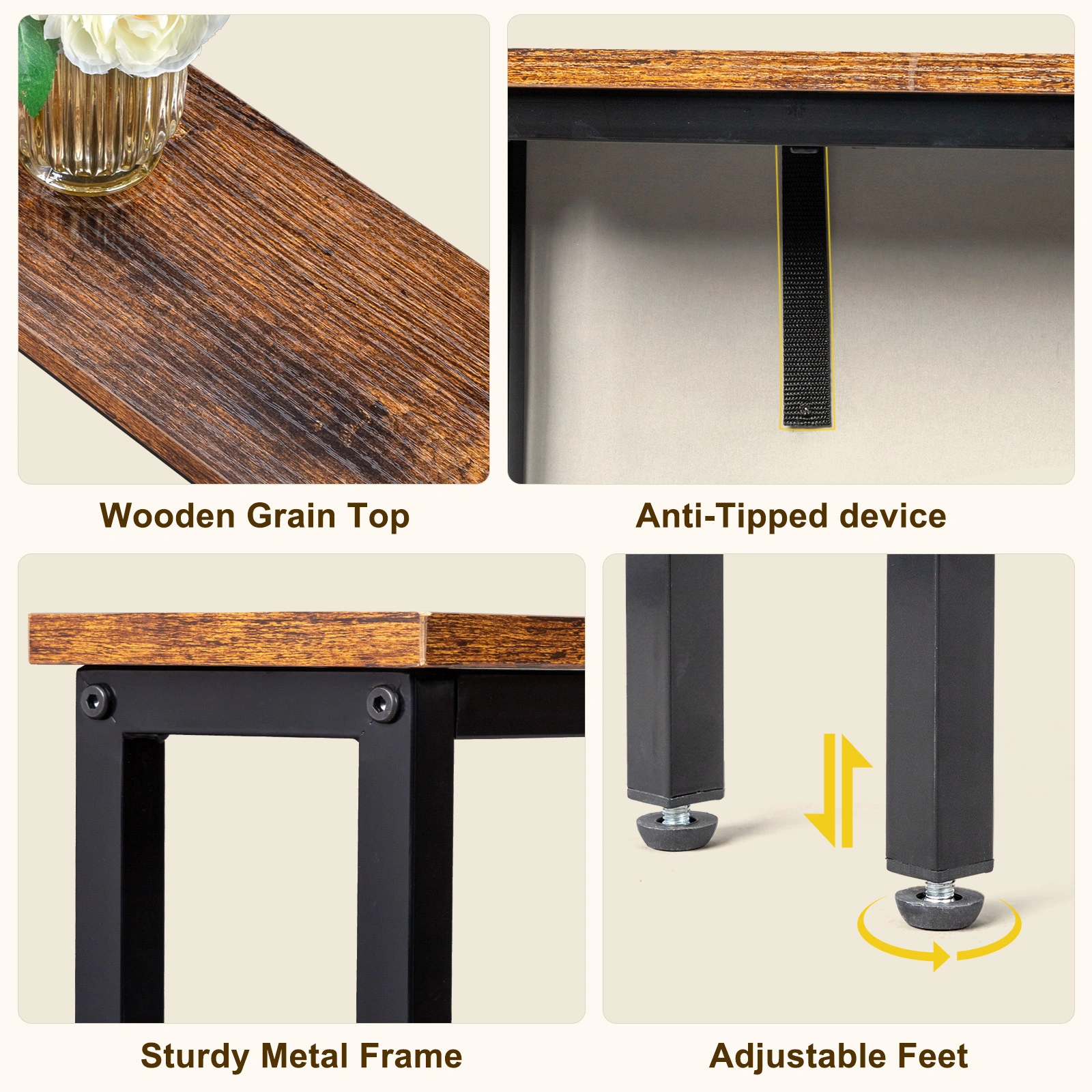 39.4" Narrow Console Sofa Table with Power Outlets and USB Ports, Skinny Couch Table with Metal Frame and Charge Station with 4.9ft Extension Cord, Rustic Brown view 7