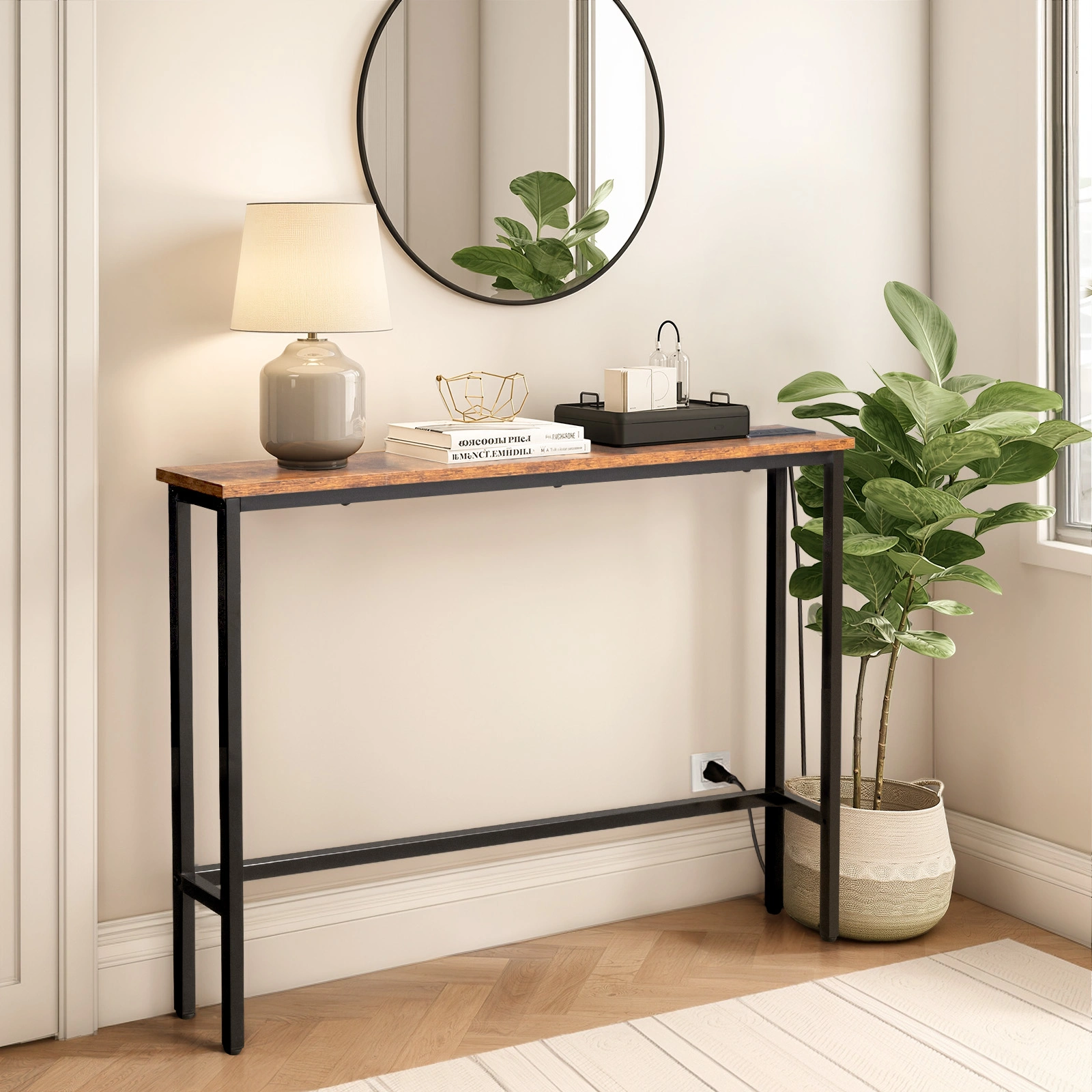 39.4" Narrow Console Sofa Table with Power Outlets and USB Ports, Skinny Couch Table with Metal Frame and Charge Station with 4.9ft Extension Cord, Rustic Brown view 8