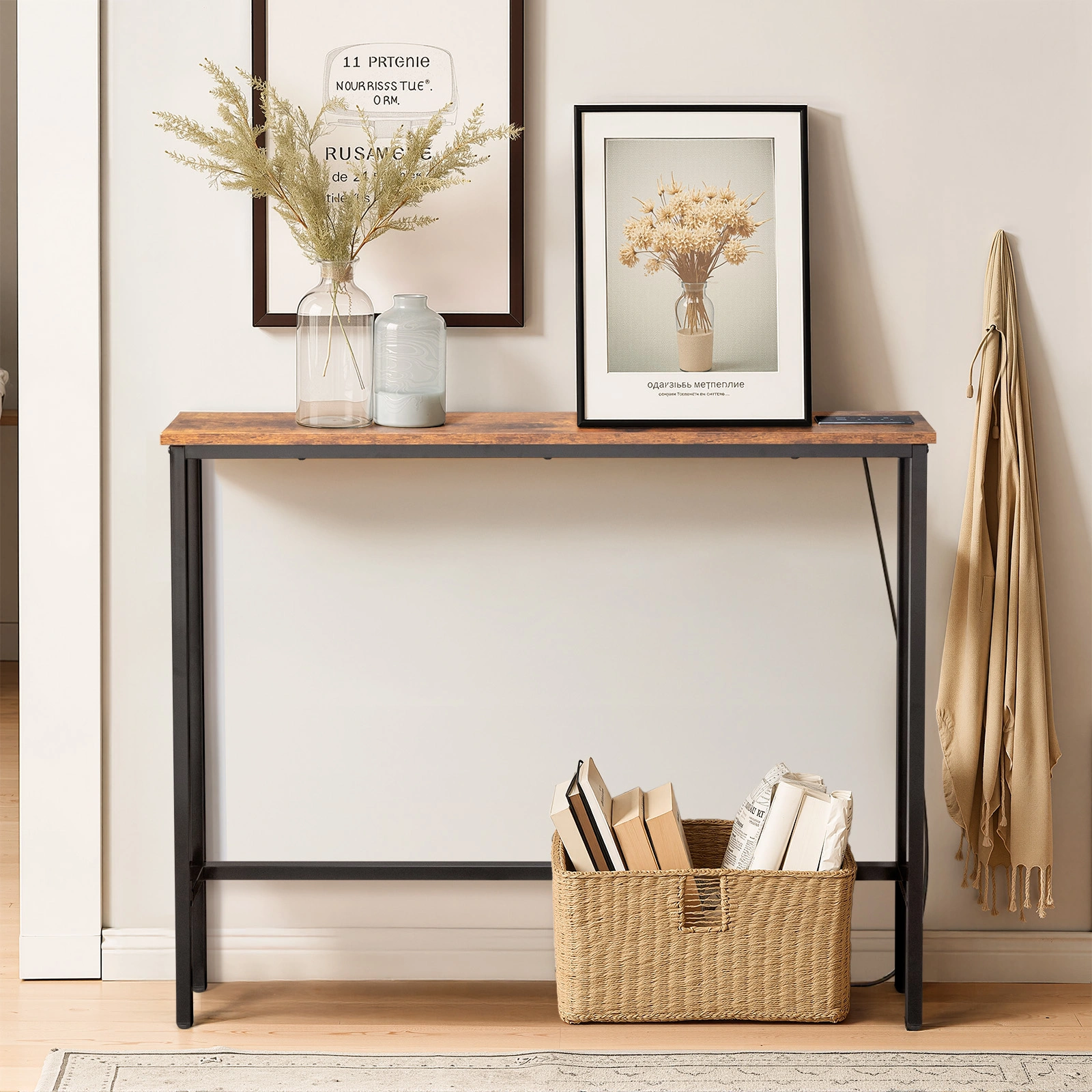 39.4" Narrow Console Sofa Table with Power Outlets and USB Ports, Skinny Couch Table with Metal Frame and Charge Station with 4.9ft Extension Cord, Rustic Brown view 9