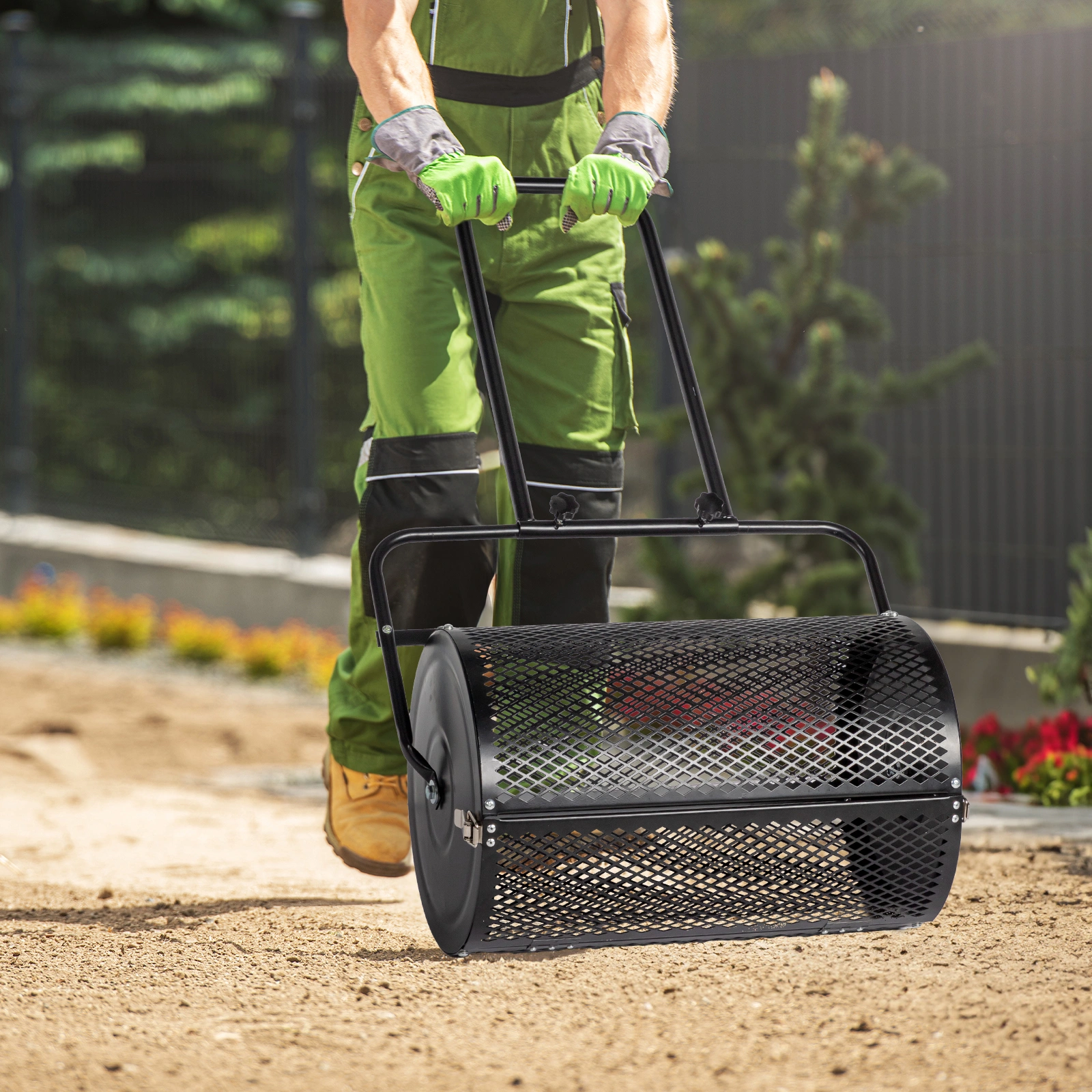 24 inch Compost Spreader for Lawn, Garden Peat Moss Roller with Double Side Latches, Powder Coated Steel Mesh Basket for Topdressing & Seedling, Black view 12