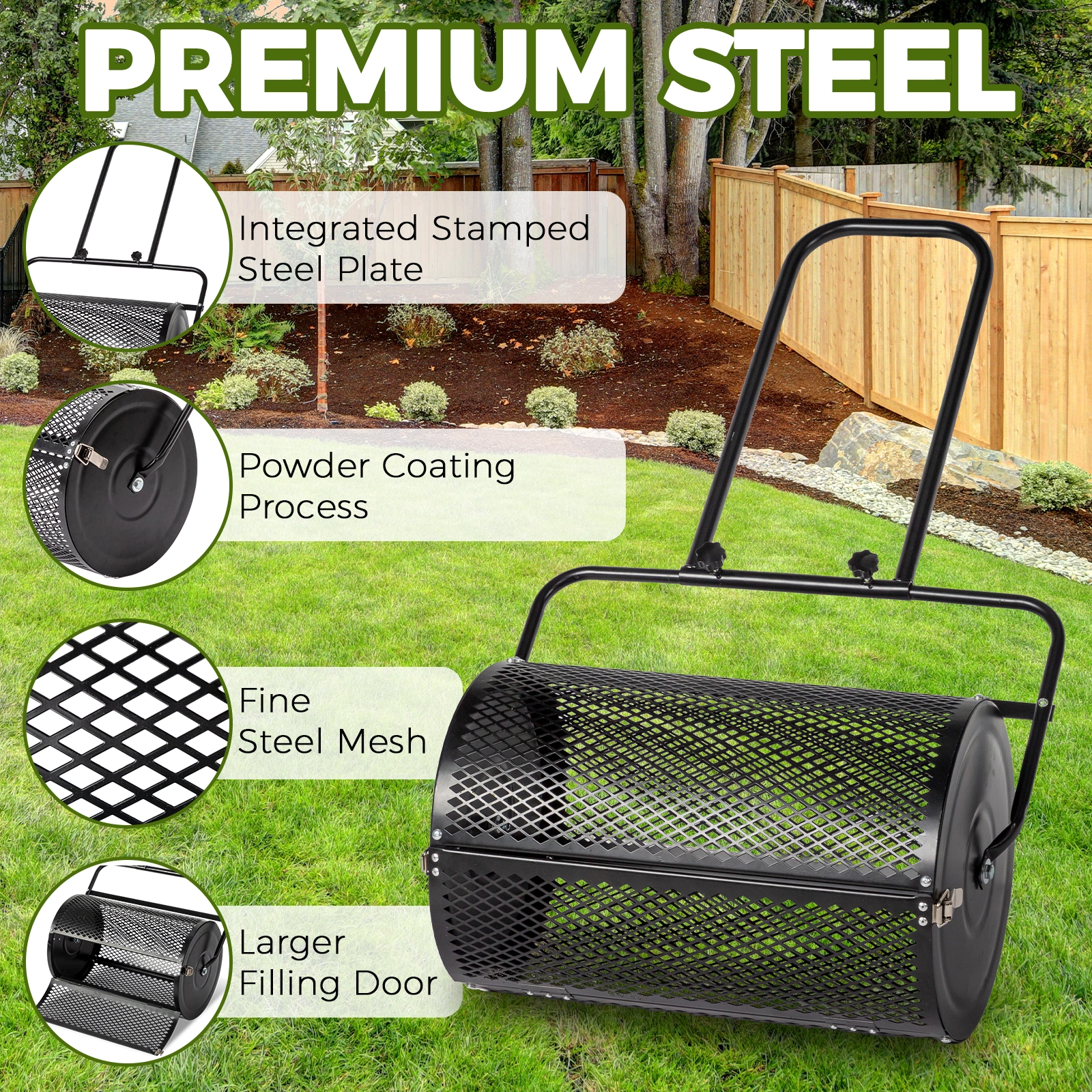 24 inch Compost Spreader for Lawn, Garden Peat Moss Roller with Double Side Latches, Powder Coated Steel Mesh Basket for Topdressing & Seedling, Black view 6
