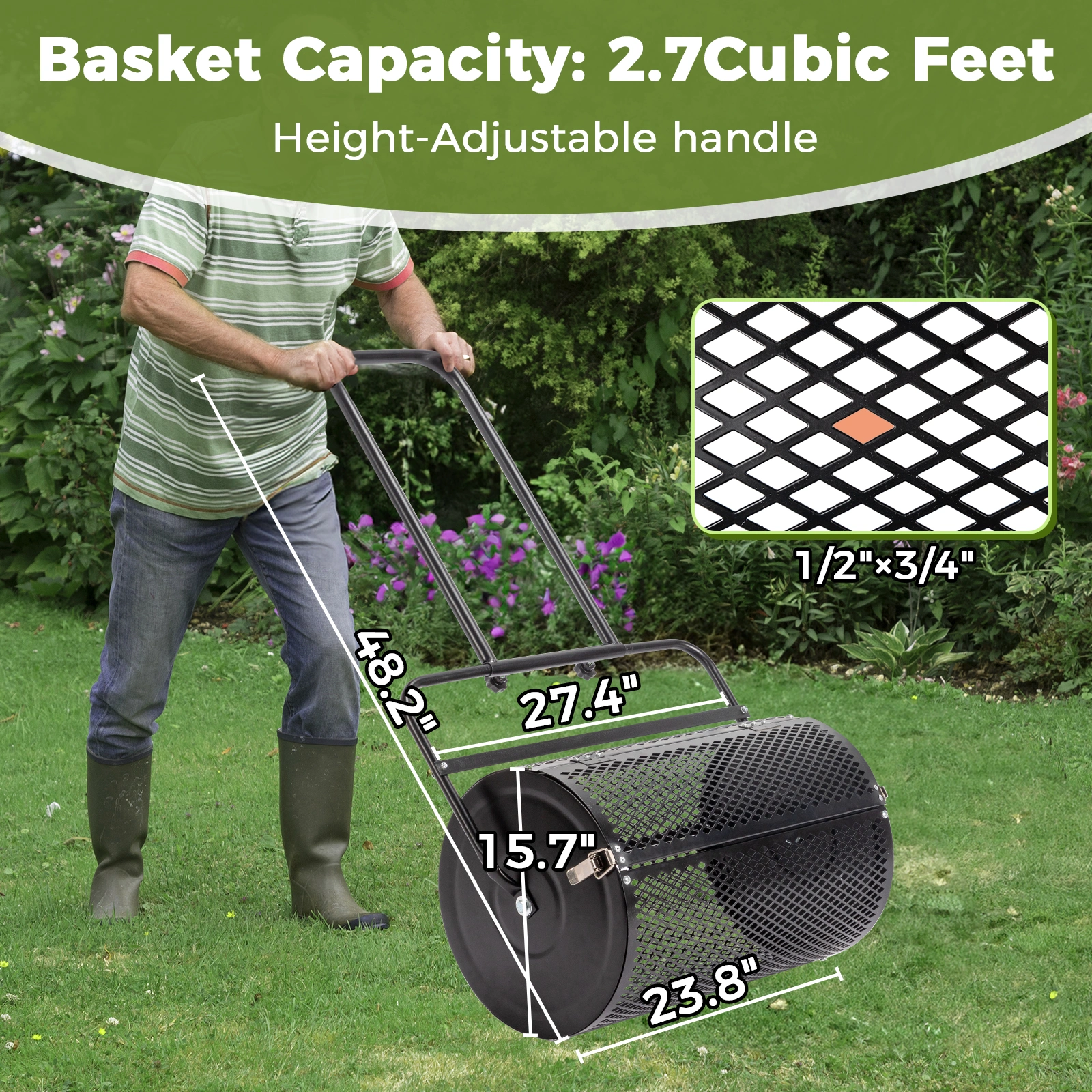 24 inch Compost Spreader for Lawn, Garden Peat Moss Roller with Double Side Latches, Powder Coated Steel Mesh Basket for Topdressing & Seedling, Black view 8