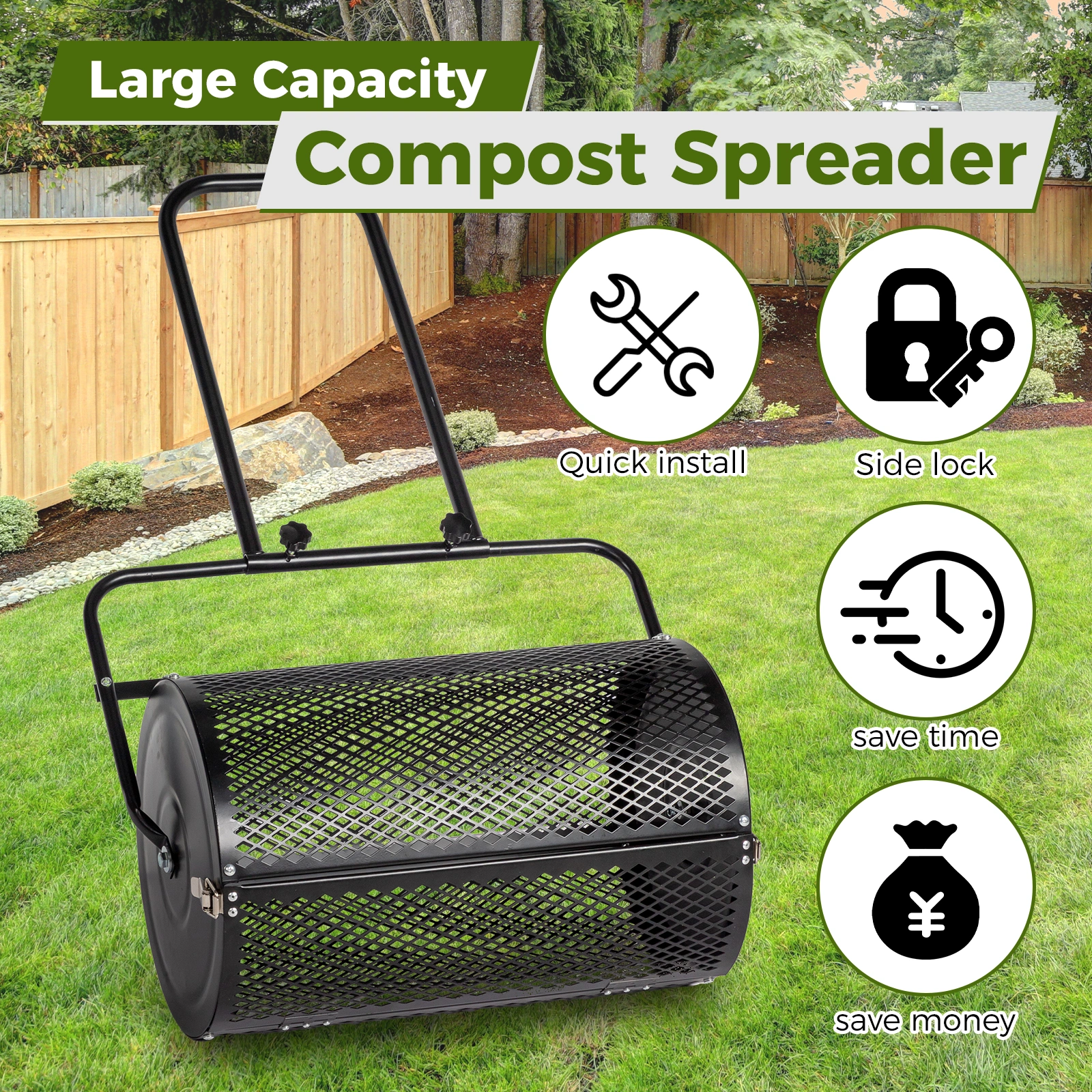 24 inch Compost Spreader for Lawn, Garden Peat Moss Roller with Double Side Latches, Powder Coated Steel Mesh Basket for Topdressing & Seedling, Black view 9