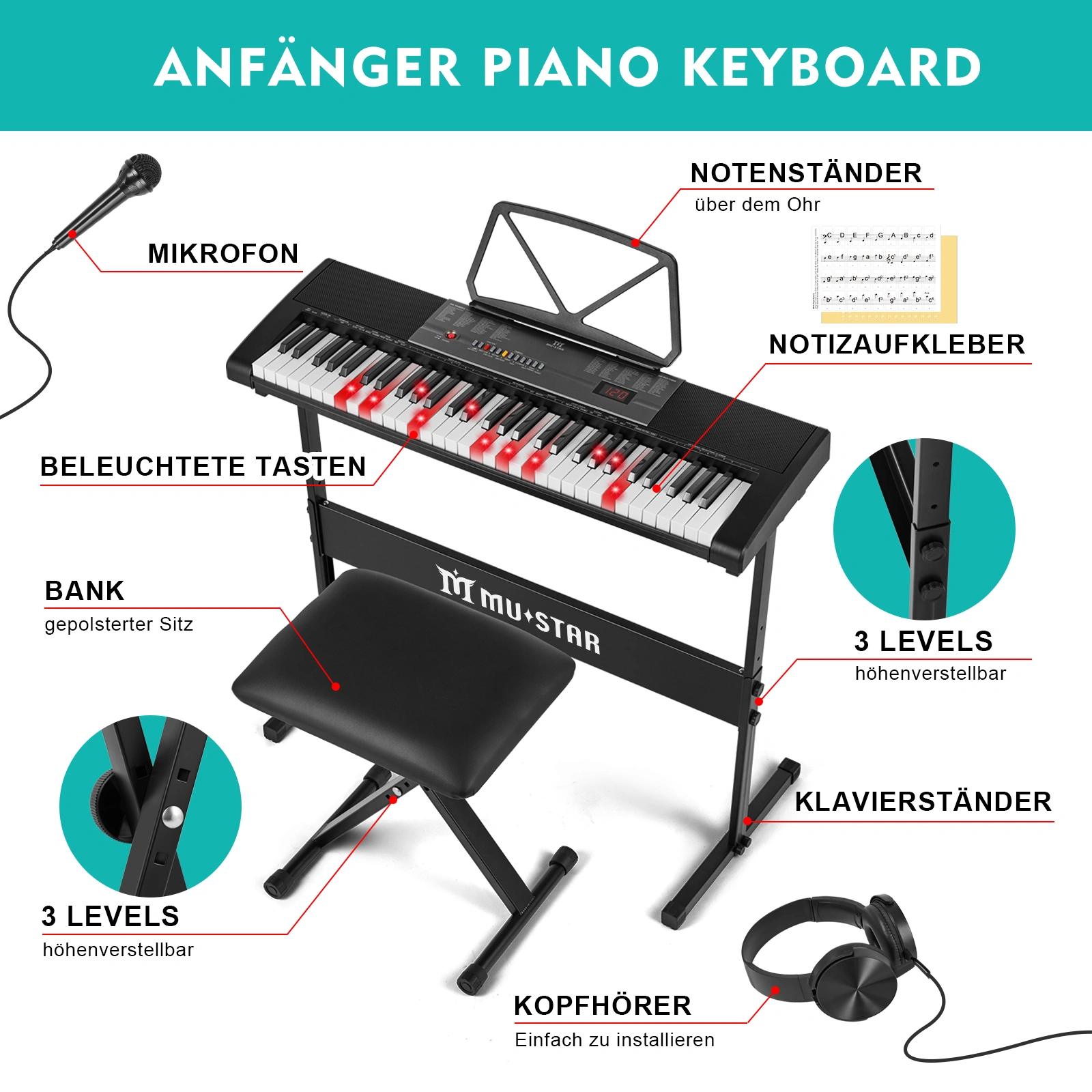 Electronic Keyboard 61 Keys, Rechargeable Portable Piano with Microphone, Music Learning Instrument for Kids and Beginners view 4