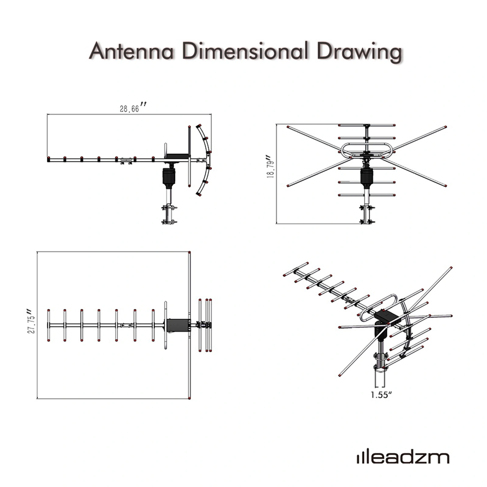 TA-001 360°Rotation UV 45-230MHz/470-860MHz 15-22dB Outdoorn Antenna Black view 14