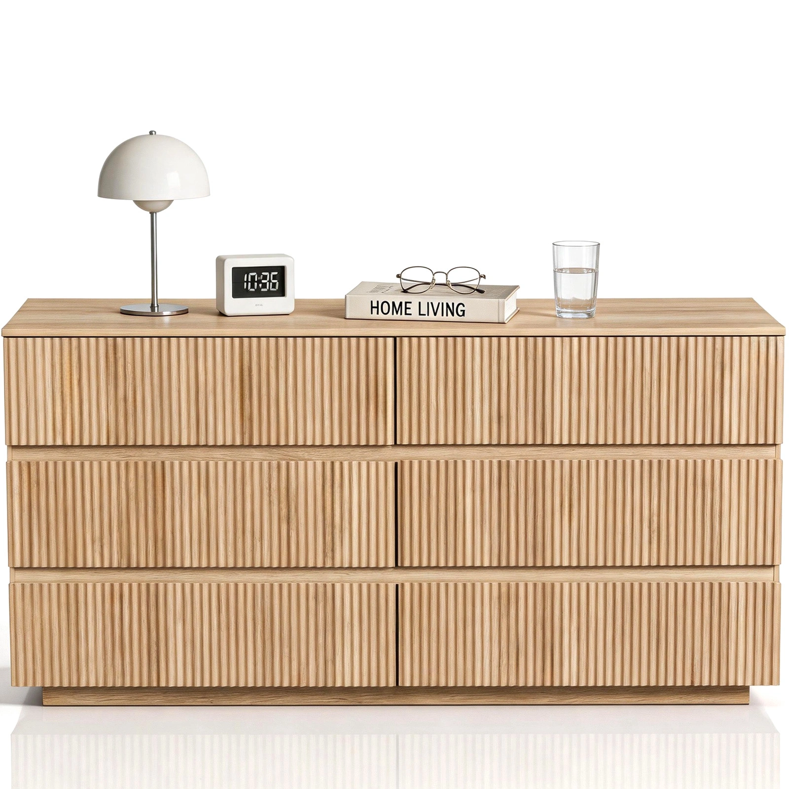 Handleless 6-Drawer Dresser Grille Finish P2 Particleboard MDF Melamine Veneer Vacuum-Formed Storage Cabinet 55.12x15.75x27.95in Oak view 2