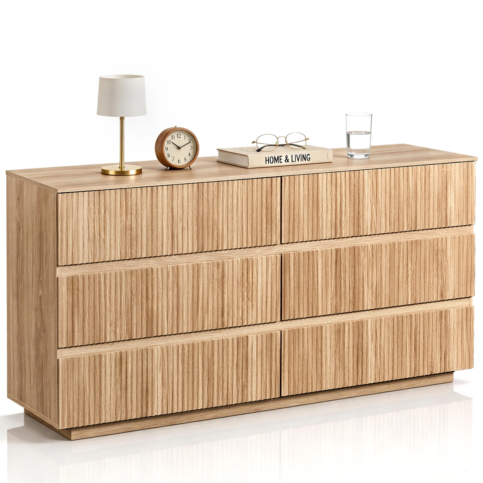Handleless 6-Drawer Dresser Grille Finish P2 Particleboard MDF Melamine Veneer Vacuum-Formed Storage Cabinet 55.12x15.75x27.95in Oak view 3