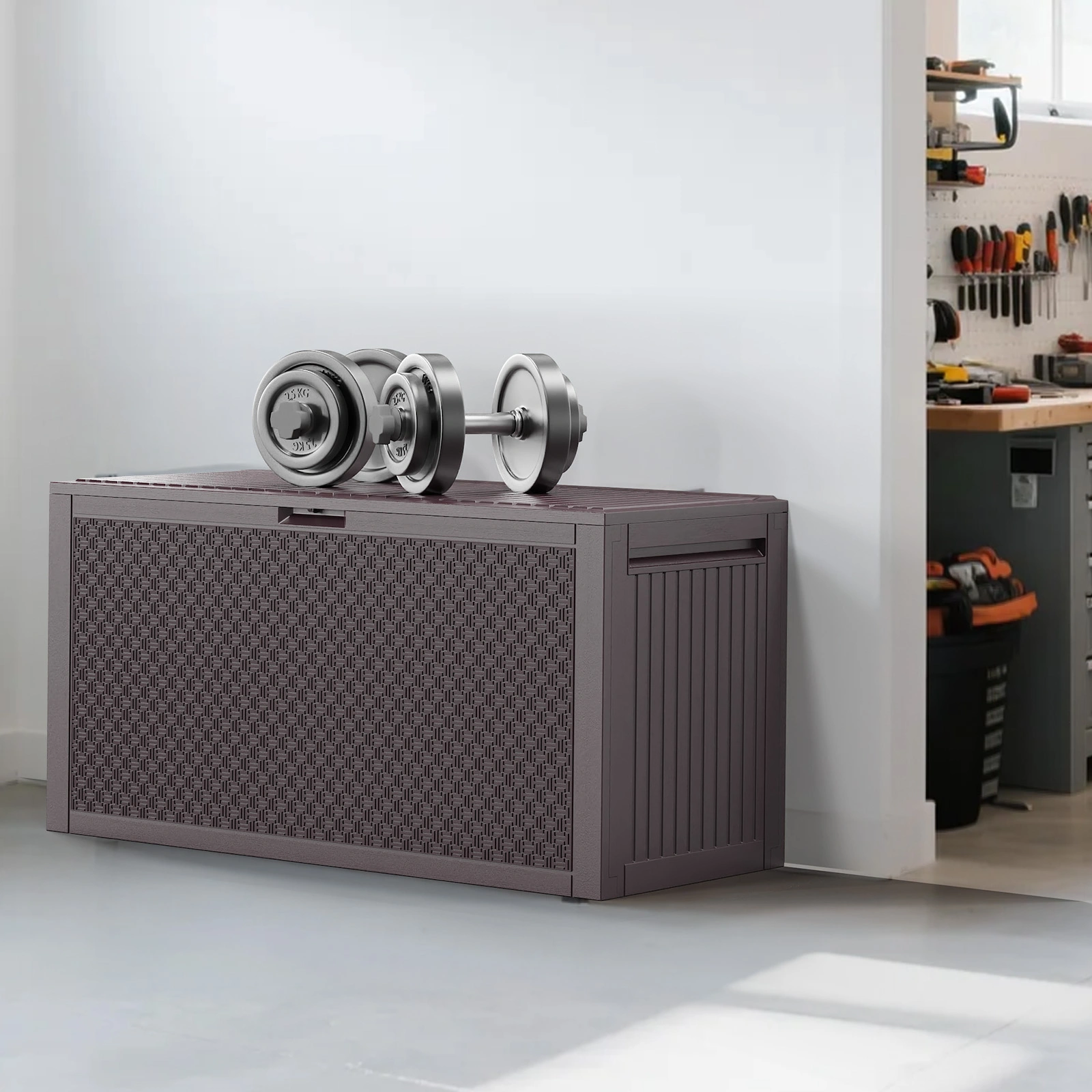 90gal Outdoor Garden Plastic Storage Deck Box Chest Tools Cushions Toys Lockable Seat view 3
