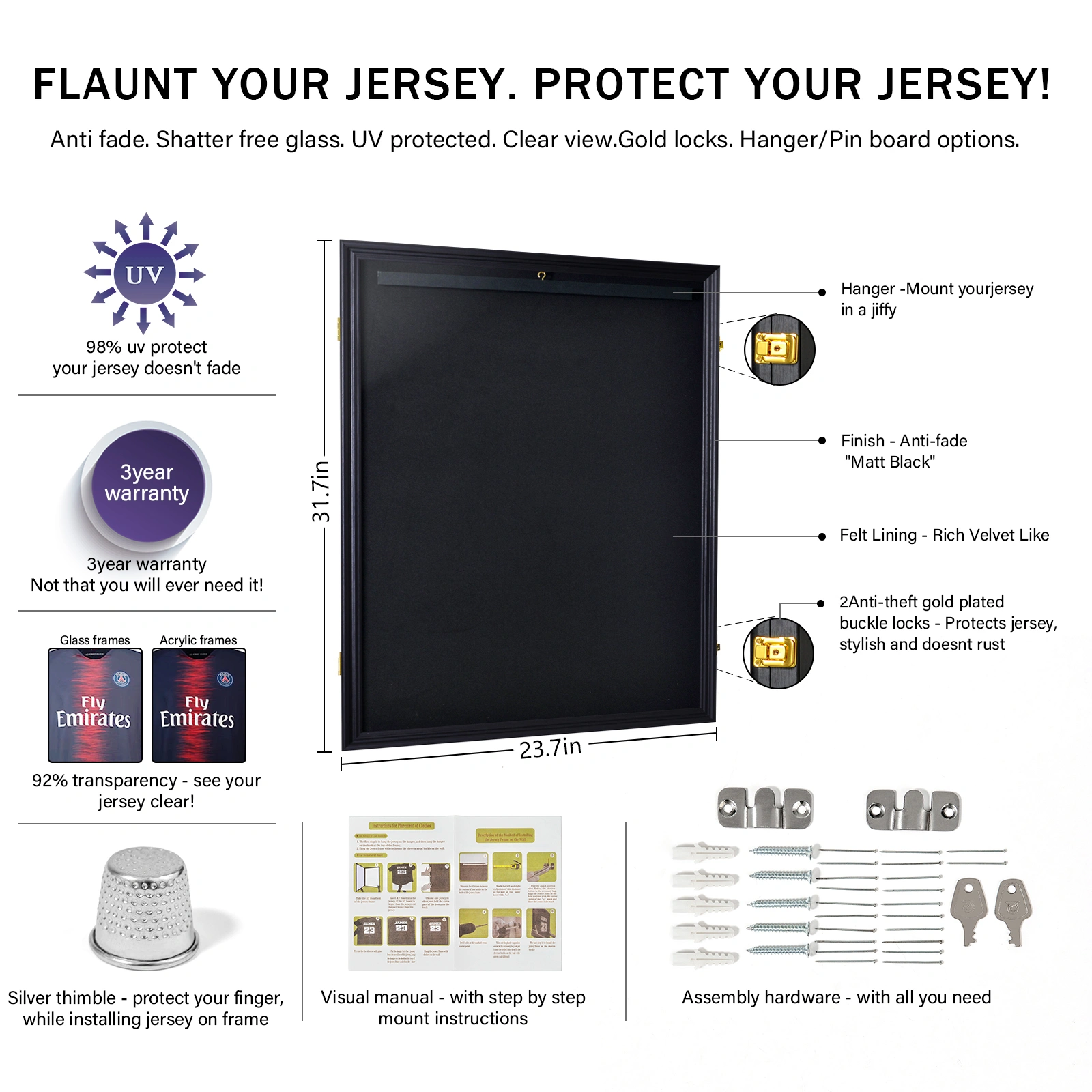 Shirt Display Frame With UV Resistant Acrylic and Hanger, Wall Mounted Baseball Basketball Football Hockey Shirt Display Frame Black view 10