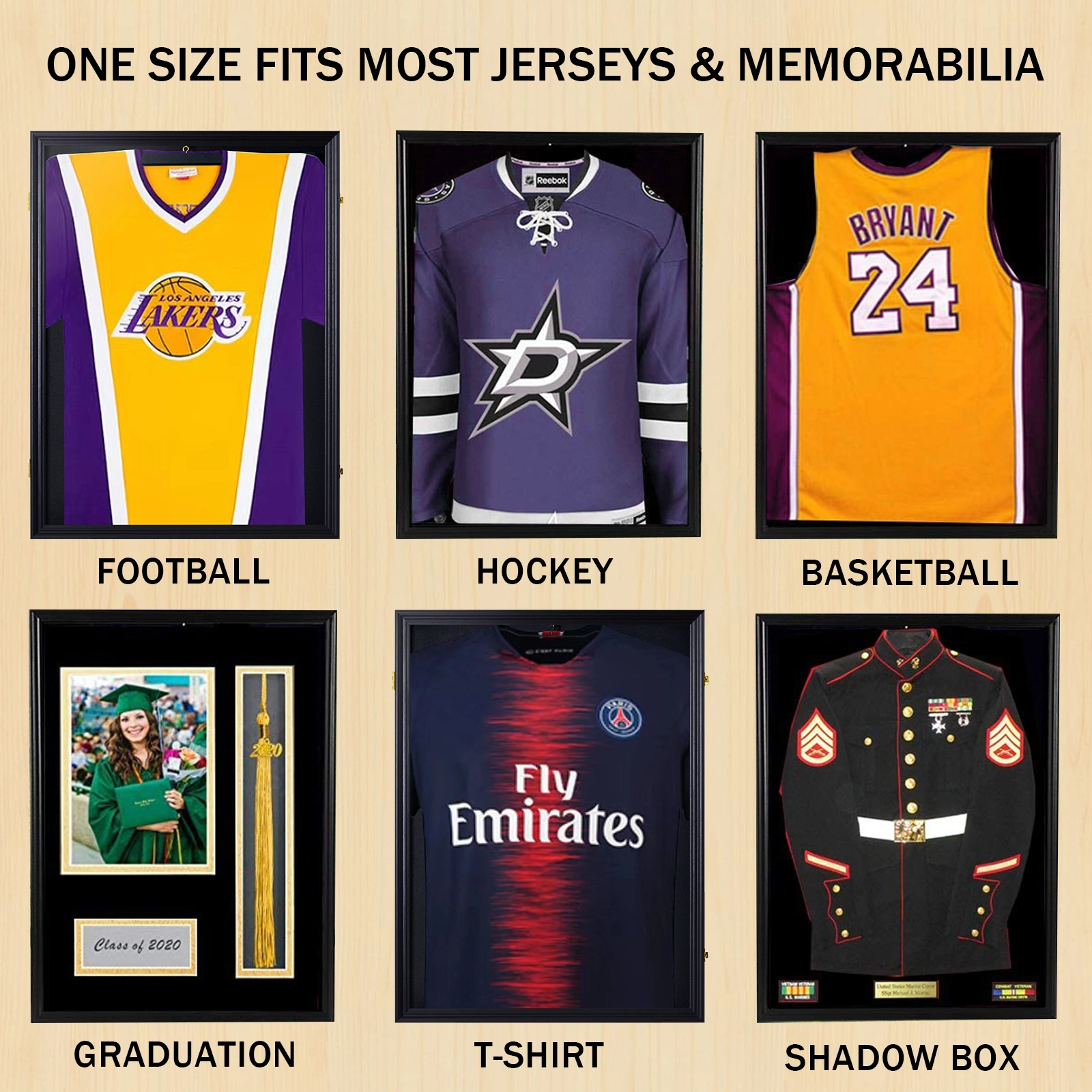 Shirt Display Frame With UV Resistant Acrylic and Hanger, Wall Mounted Baseball Basketball Football Hockey Shirt Display Frame Black view 7