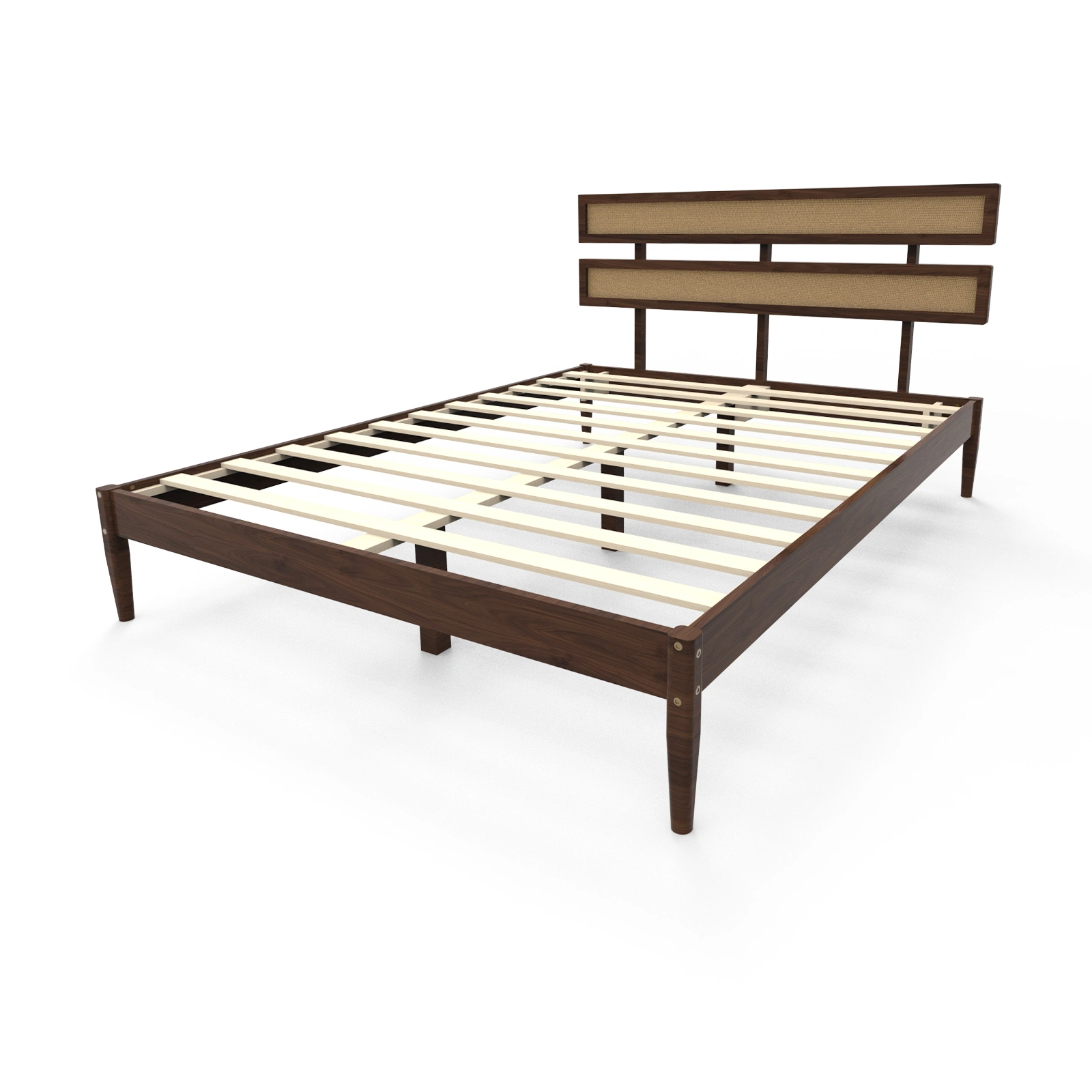Double rattan woven headboard, Bohemian style, painted finish, pine wood, dark walnut color, Queen size wooden bed view 13