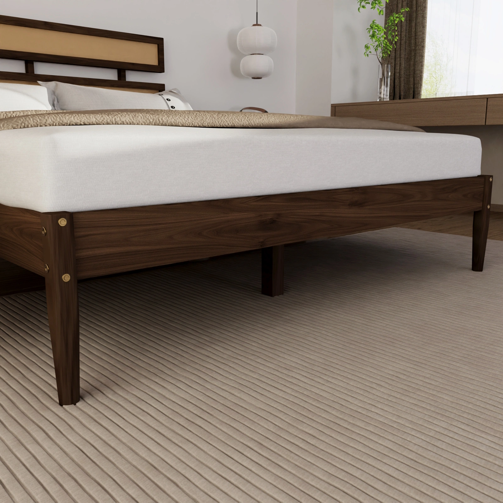 Double rattan woven headboard, Bohemian style, painted finish, pine wood, dark walnut color, Queen size wooden bed view 6