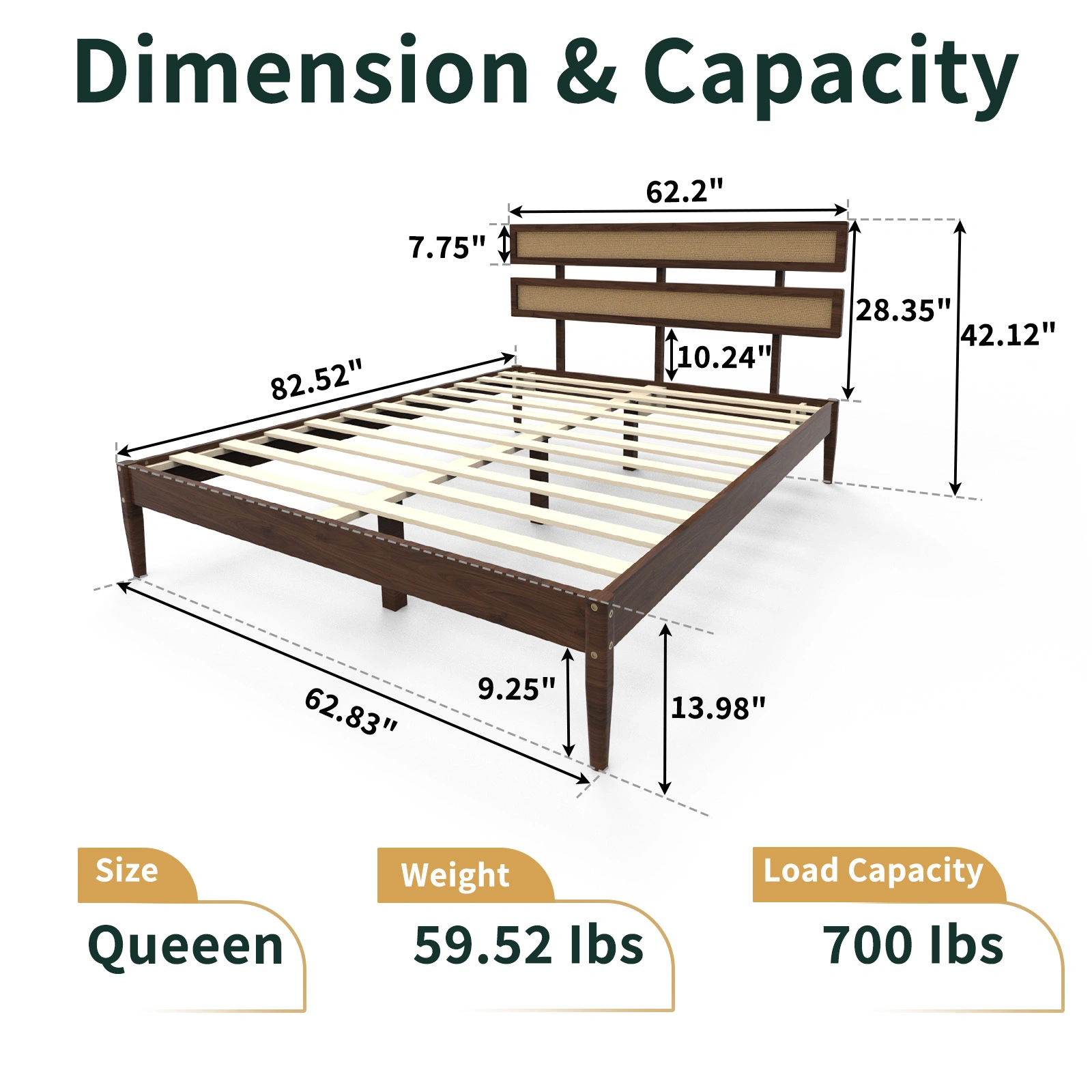 Double rattan woven headboard, Bohemian style, painted finish, pine wood, dark walnut color, Queen size wooden bed view 7