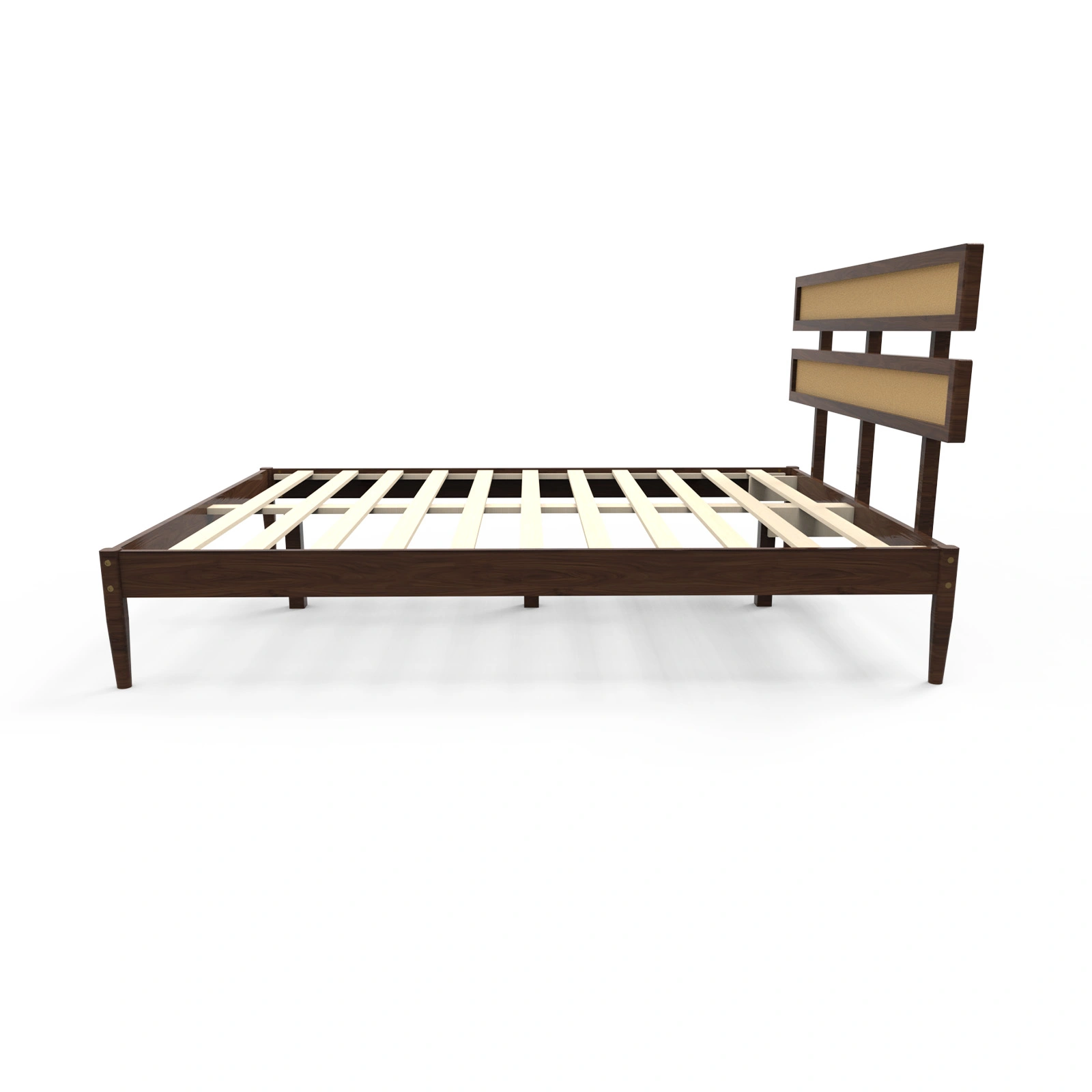 Double rattan woven headboard, Bohemian style, painted finish, pine wood, dark walnut color, Queen size wooden bed view 8