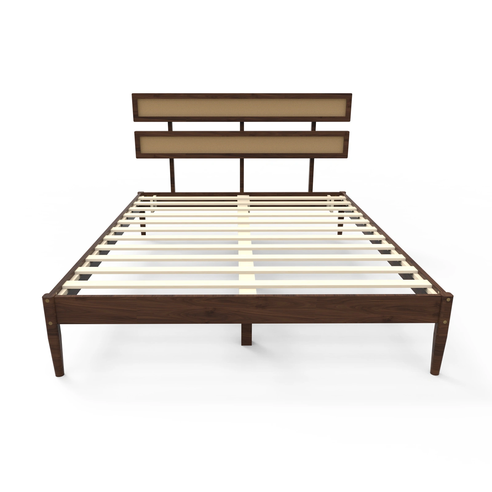 Double rattan woven headboard, Bohemian style, painted finish, pine wood, dark walnut color, Queen size wooden bed view 9
