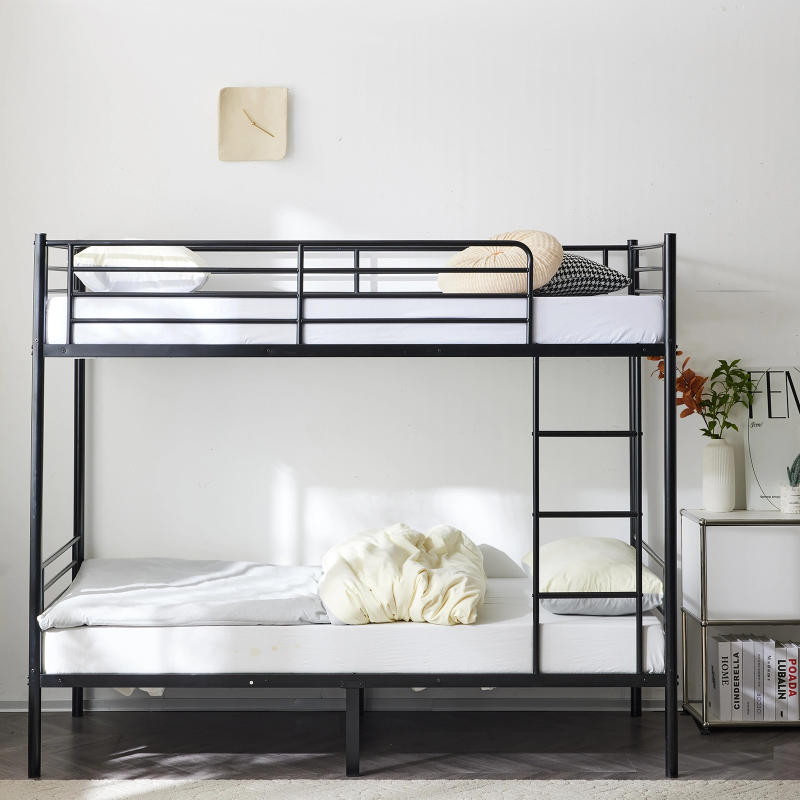 Iron Twin Bunk Bed with Ladder, Heavy Duty Metal Bed Frame for Kids, Black