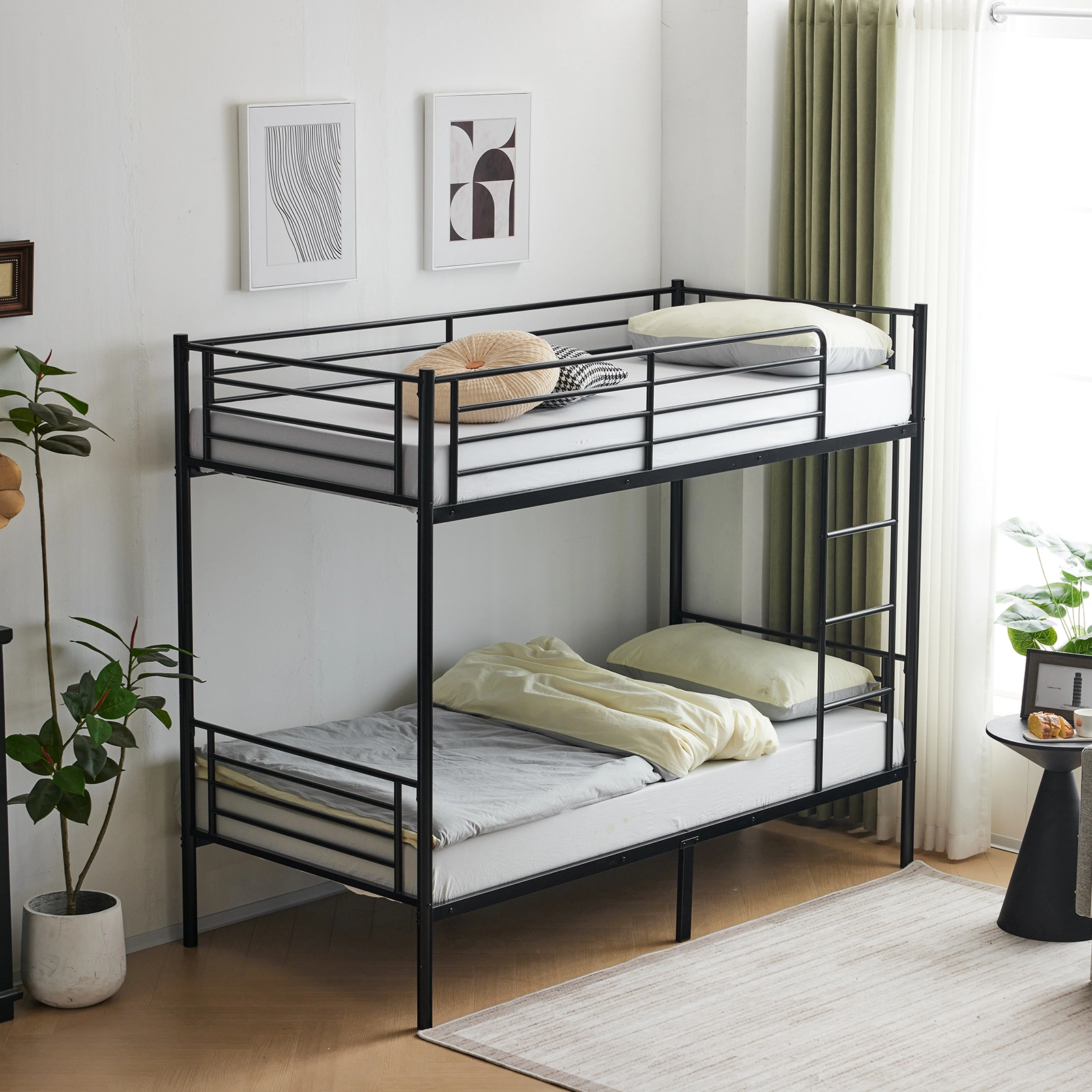 Iron Twin Bunk Bed with Ladder, Heavy Duty Metal Bed Frame for Kids, Black view 2