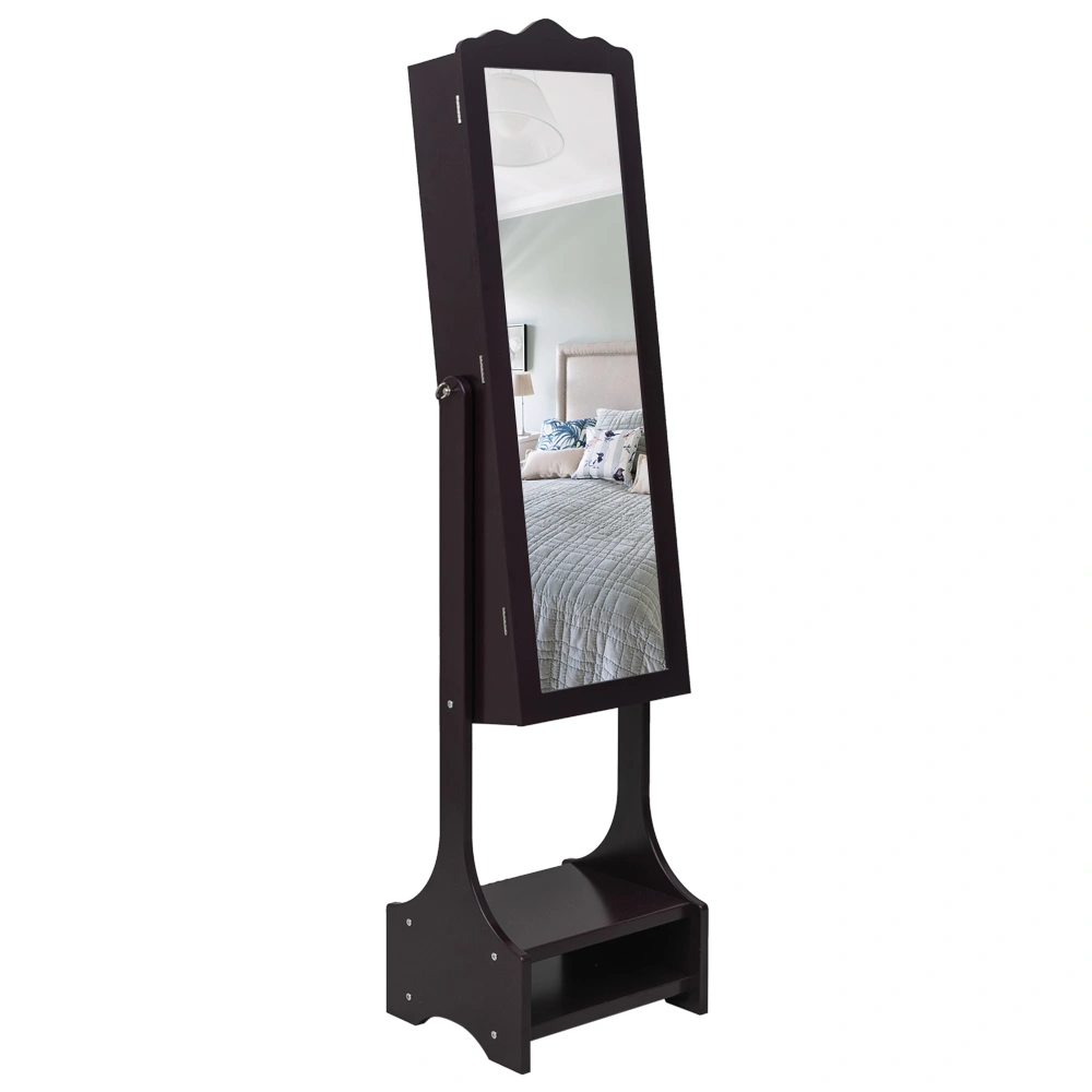 Dark Brown Wooden Floor Standing Jewelry Cabinet - 3 Tier, 2 Drawers, 17 Brush Holders, 95 Warm LED, Mirror