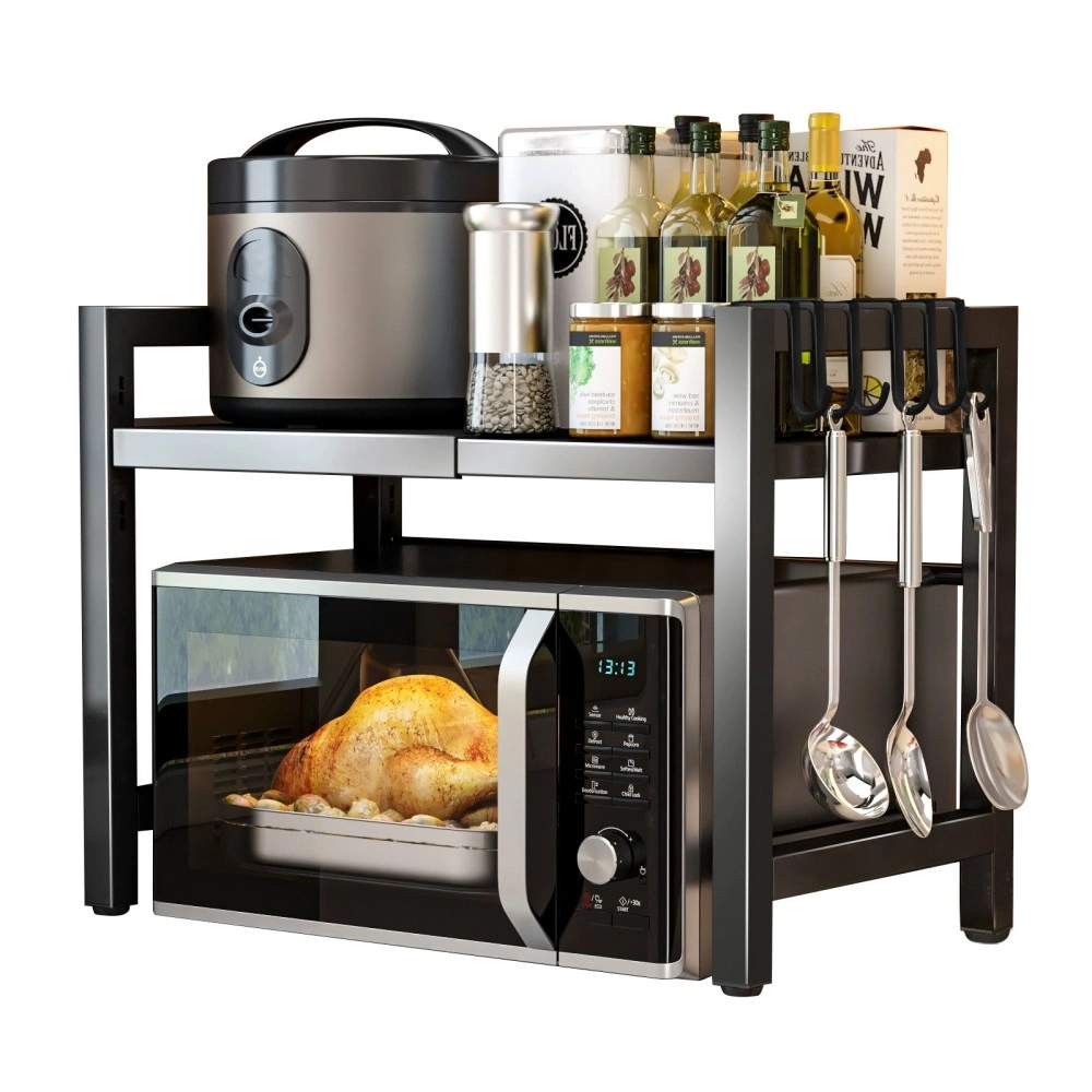 Schwarzes Küchenregal mit 6 Haken & Ausziehbarem Regal, Doppelstange view 2