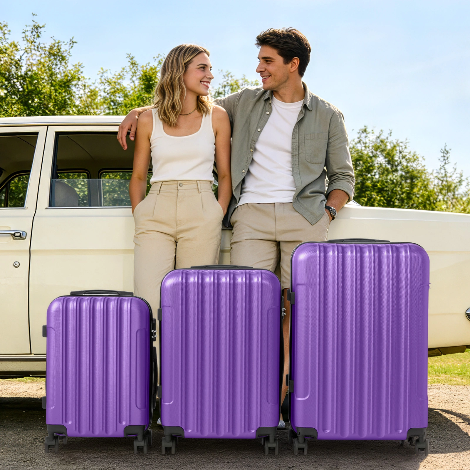 ABS Trolley Case 20in 24in 28in 3PCS Suitcase Set Vertical Striped Frosted Case Suitcase Purple view 17
