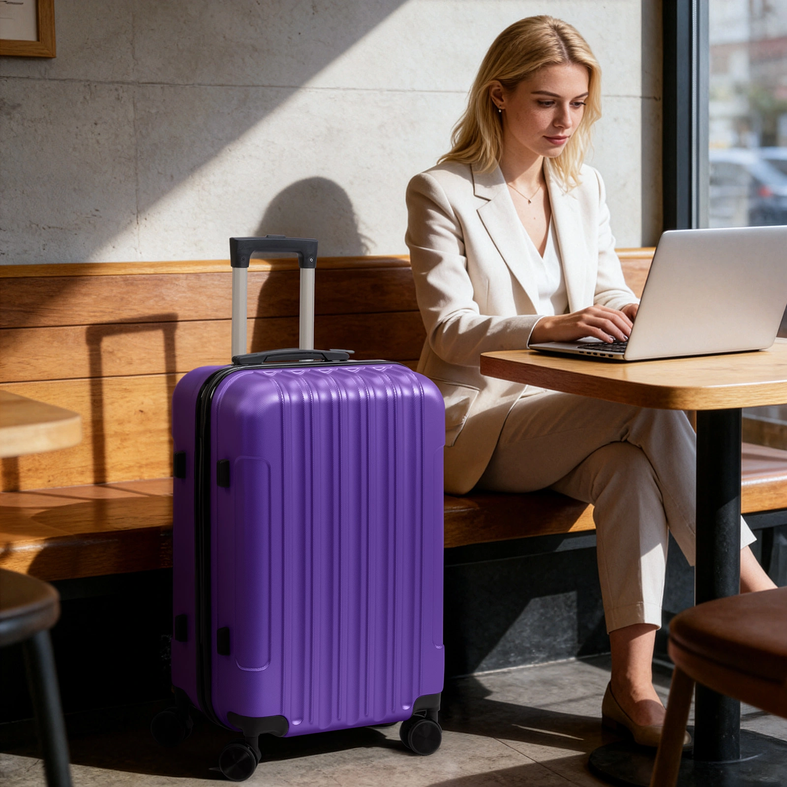 ABS Trolley Case 20in 24in 28in 3PCS Suitcase Set Vertical Striped Frosted Case Suitcase Purple view 6
