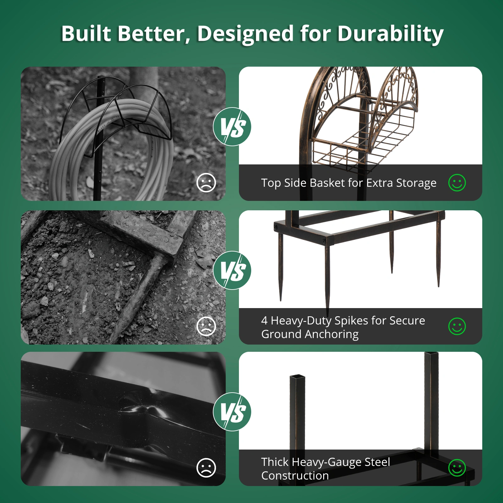Garden Hose Holder, Water Hose Holder Stand with Storage Basket, Heavy Duty Freestanding Garden Hose Hanger Storage Rack with 4 Spikes for Outside Yard Lawn Farm, Bronze view 10