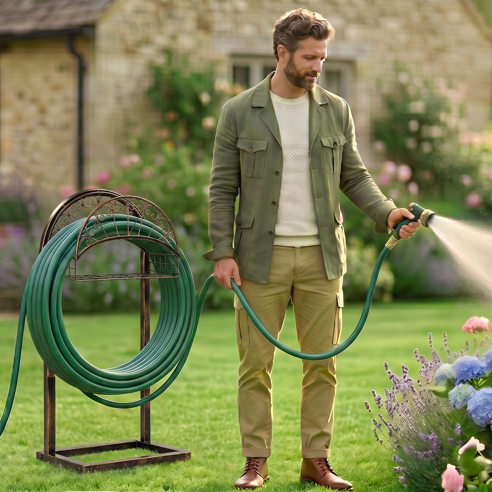 Garden Hose Holder, Water Hose Holder Stand with Storage Basket, Heavy Duty Freestanding Garden Hose Hanger Storage Rack with 4 Spikes for Outside Yard Lawn Farm, Bronze view 11