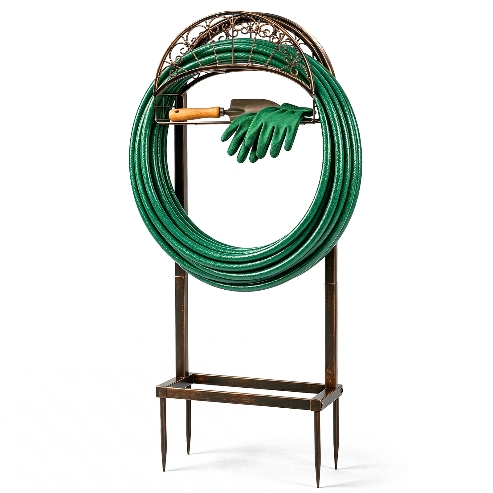 Garden Hose Holder, Water Hose Holder Stand with Storage Basket, Heavy Duty Freestanding Garden Hose Hanger Storage Rack with 4 Spikes for Outside Yard Lawn Farm, Bronze view 3