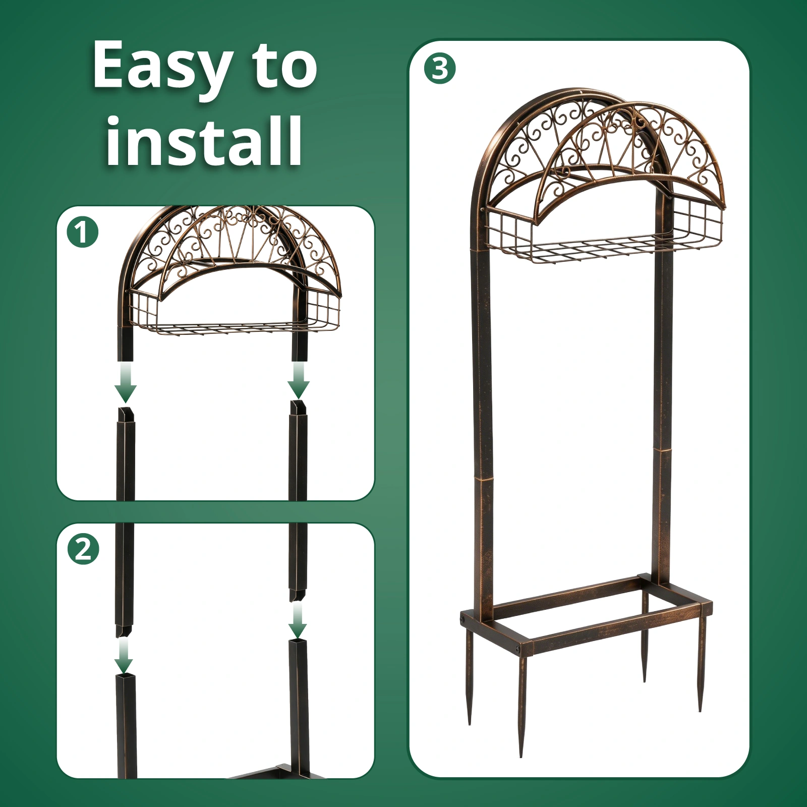 Garden Hose Holder, Water Hose Holder Stand with Storage Basket, Heavy Duty Freestanding Garden Hose Hanger Storage Rack with 4 Spikes for Outside Yard Lawn Farm, Bronze view 4