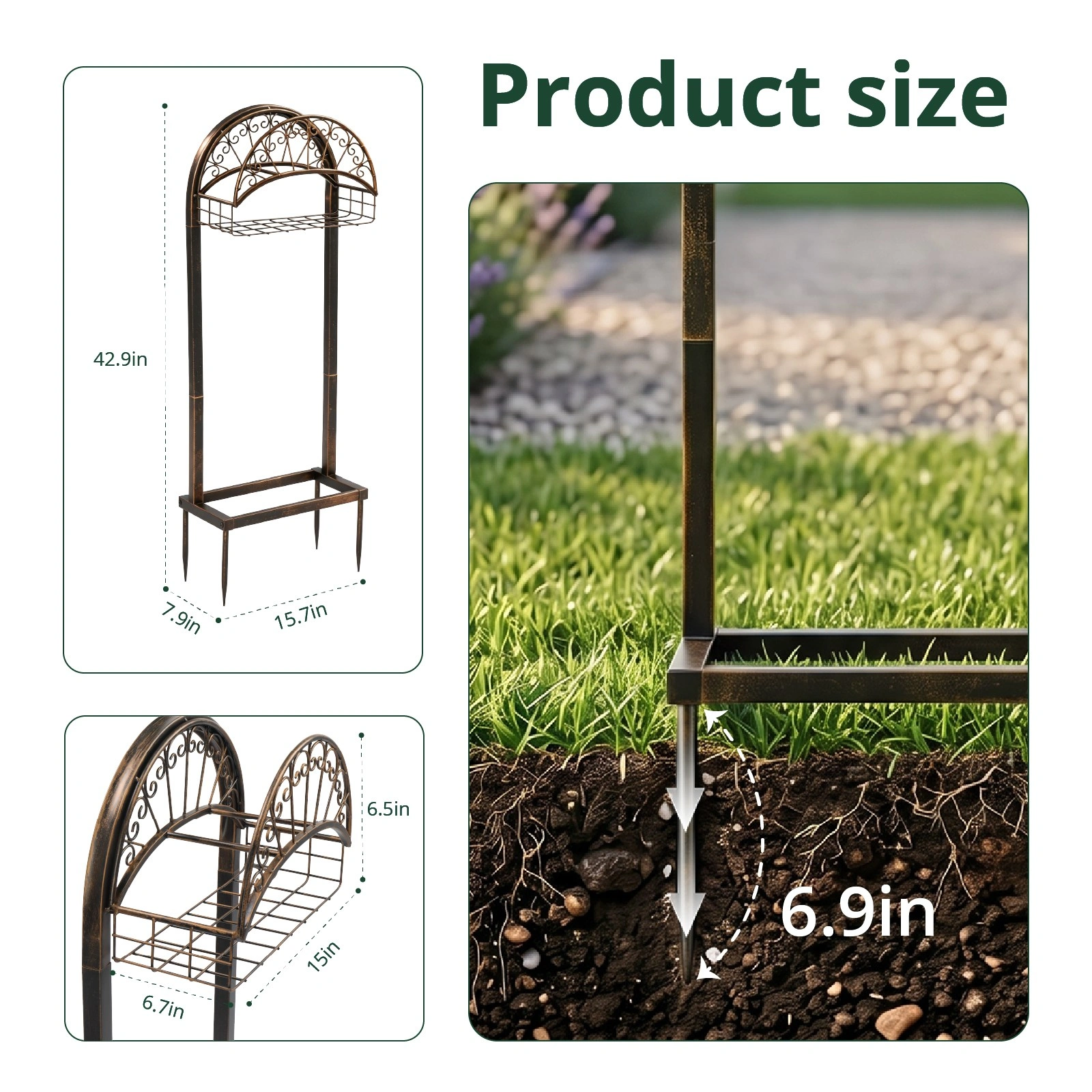 Garden Hose Holder, Water Hose Holder Stand with Storage Basket, Heavy Duty Freestanding Garden Hose Hanger Storage Rack with 4 Spikes for Outside Yard Lawn Farm, Bronze view 5
