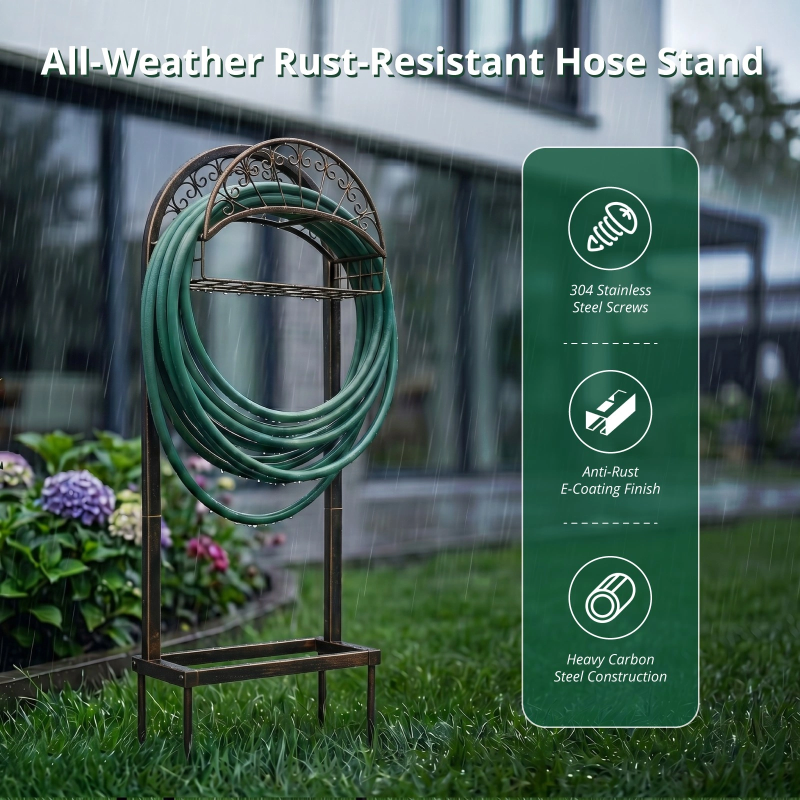 Garden Hose Holder, Water Hose Holder Stand with Storage Basket, Heavy Duty Freestanding Garden Hose Hanger Storage Rack with 4 Spikes for Outside Yard Lawn Farm, Bronze view 6